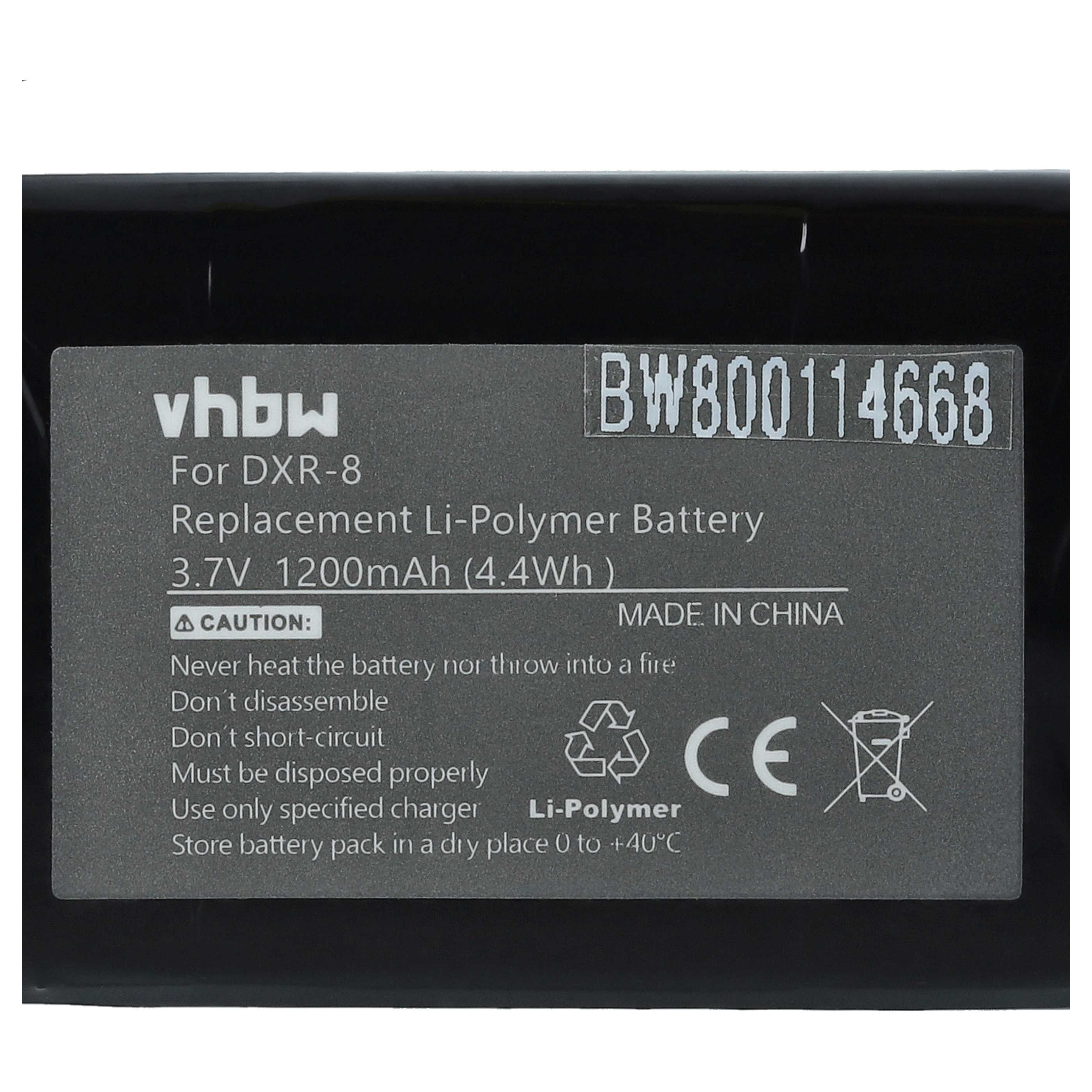 Ein graues Etikett mit Text. Es steht vhbw, BW800114668 und Warnhinweise auf der Batterie. Hergestellt in China.