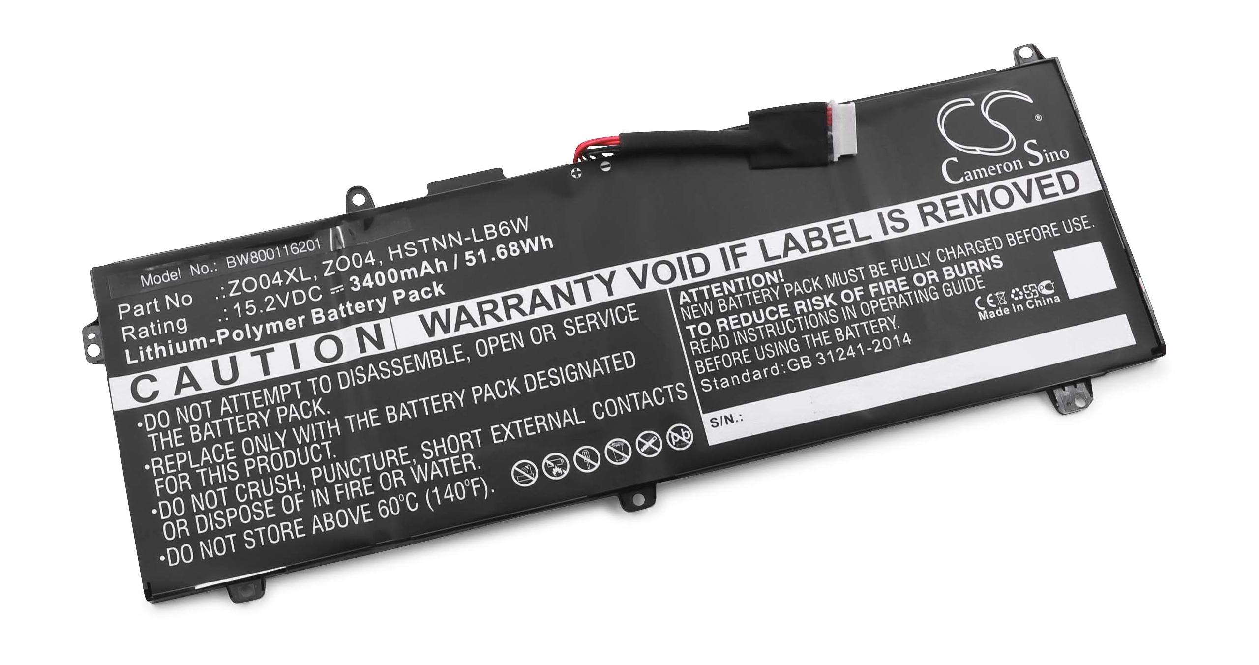 Ein schwarzer Laptop-Akku mit Warnhinweisen. Details umfassen Modell, Teilenummer, Spannung und Vorsichtsmaßnahmen gegen Missbrauch.