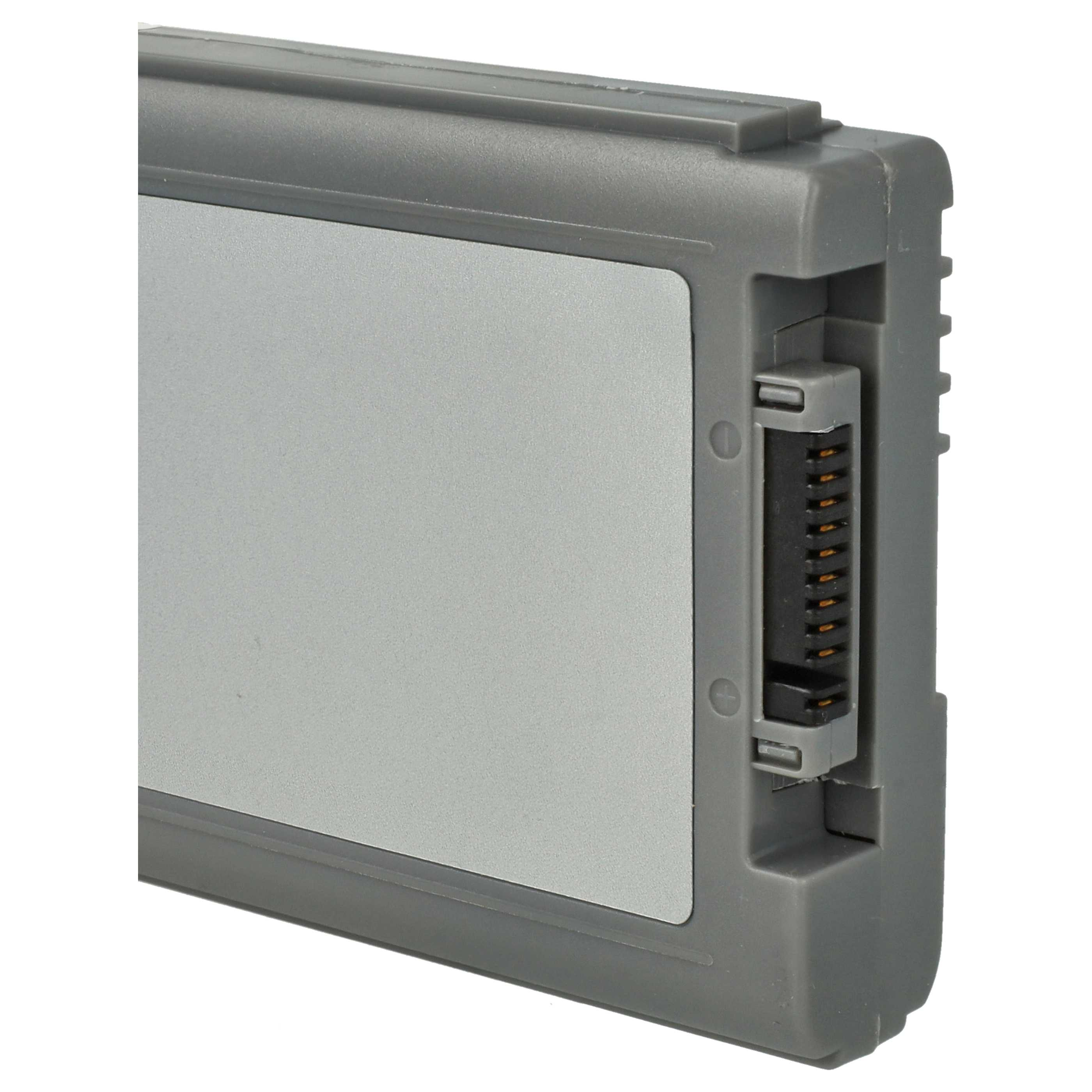 Ein grauer Laptop-Akku. Er hat eine metallisch-silberne Oberfläche und einen schwarzen Stecker.