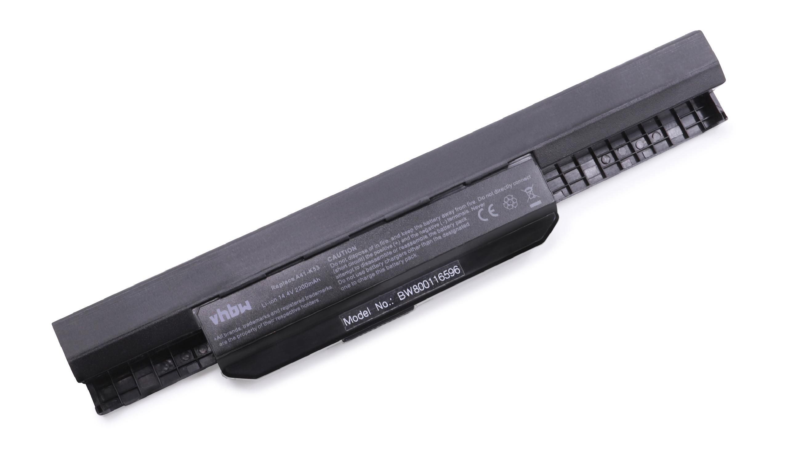 Ein schwarzer Laptop-Akku liegt auf einer weißen Oberfläche. Er hat Textaufkleber, darunter 'vhbw' und 'Modell-Nr.: BW800116596'.