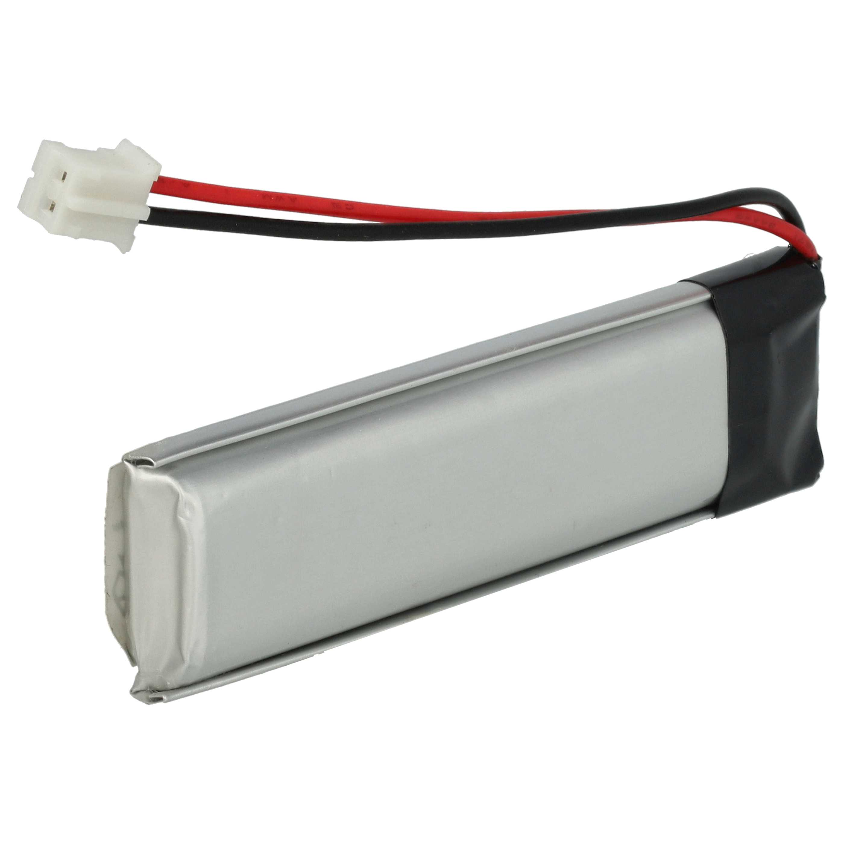 Eine silberne Batterie mit schwarzem Klebeband, weißem Stecker, roten und schwarzen Drähten vor weißem Hintergrund.