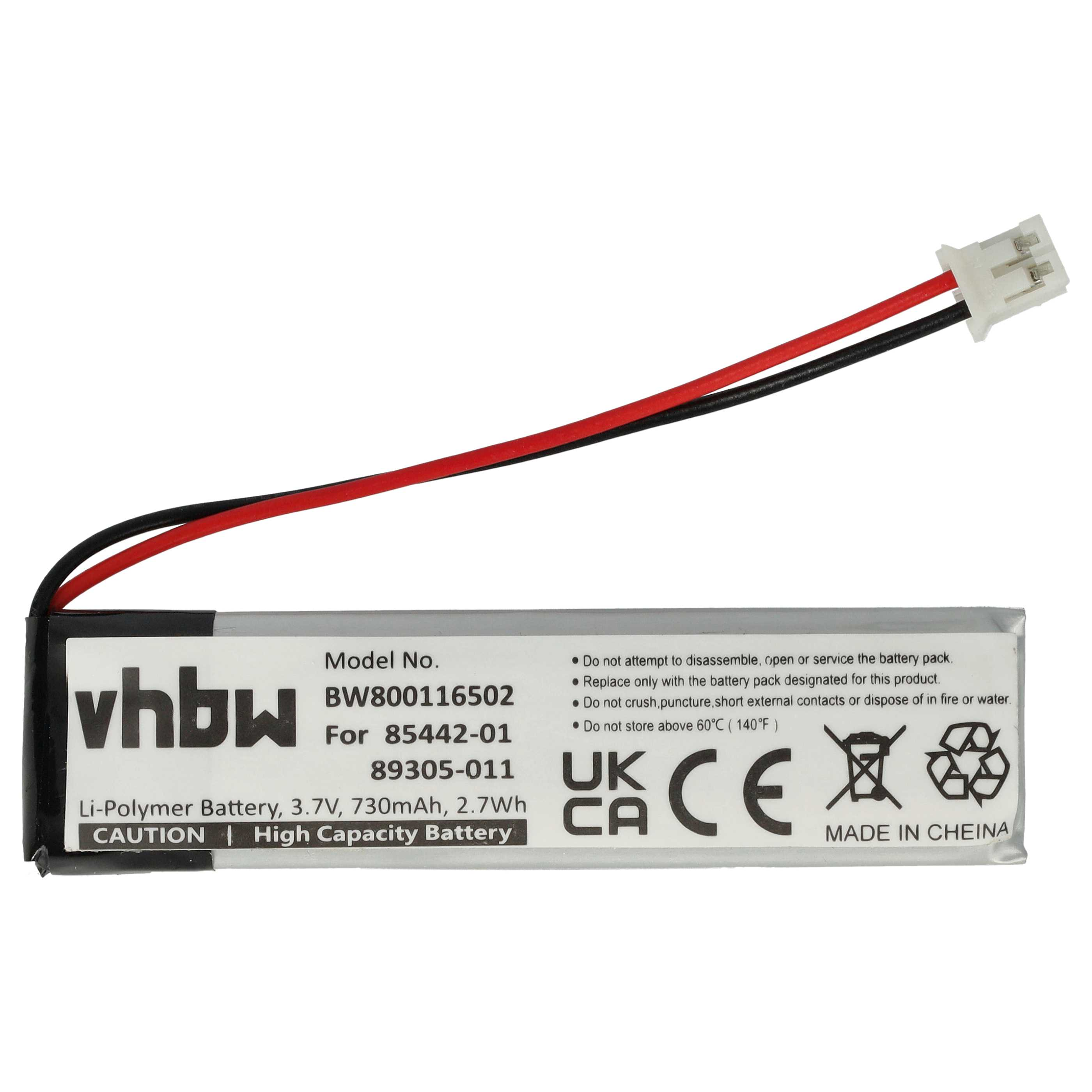 Ein Akku mit roten und schwarzen Drähten und einem weißen Stecker. Der Akku hat Text und Symbole.