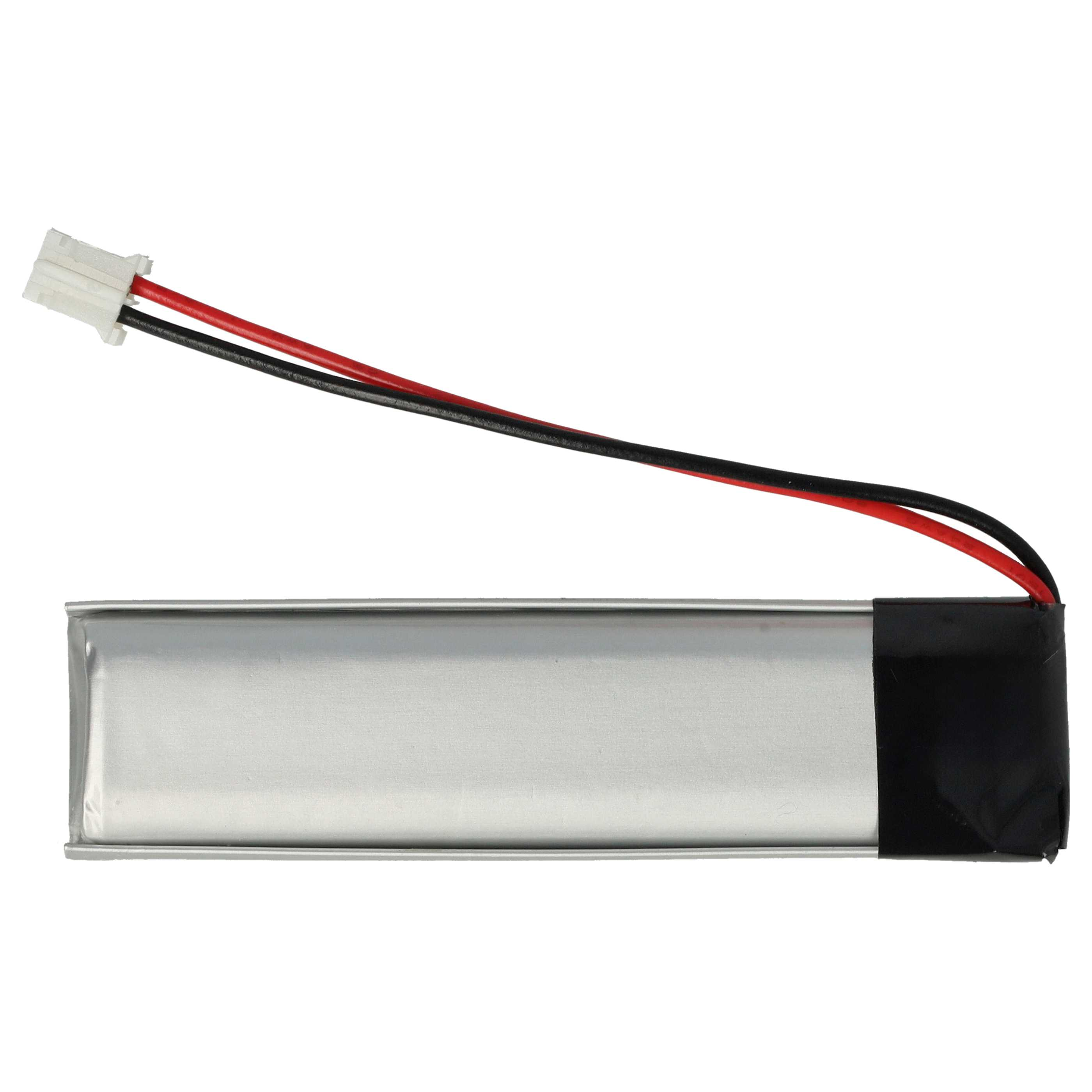 Ein rechteckiger Akku mit roten und schwarzen Drähten und einem weißen Stecker. Der Akku ist silberfarben mit schwarzem Klebeband an einem Ende.