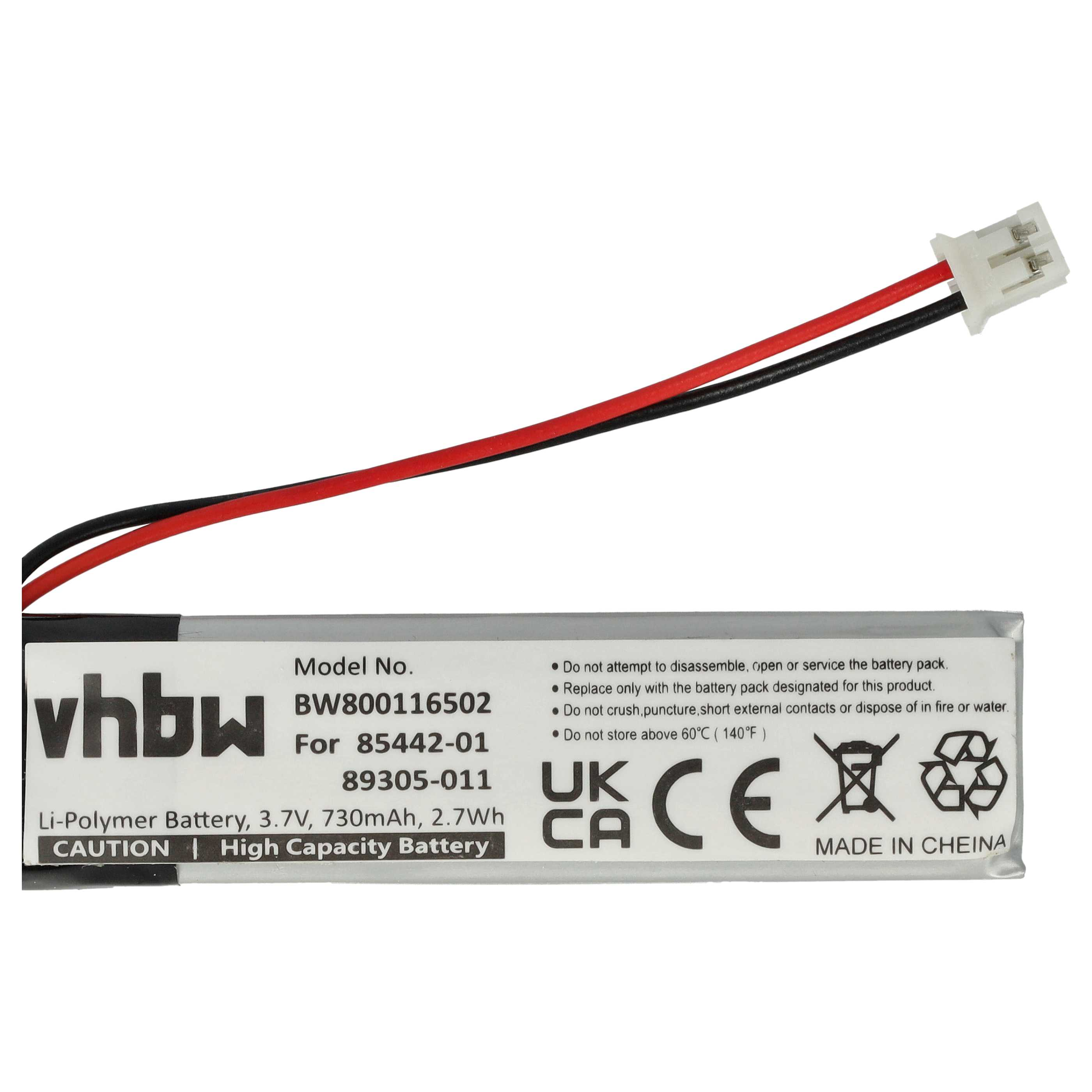 Batterie mit roten und schwarzen Drähten. Sie hat ein Etikett mit Produktinformationen und Warnhinweisen.