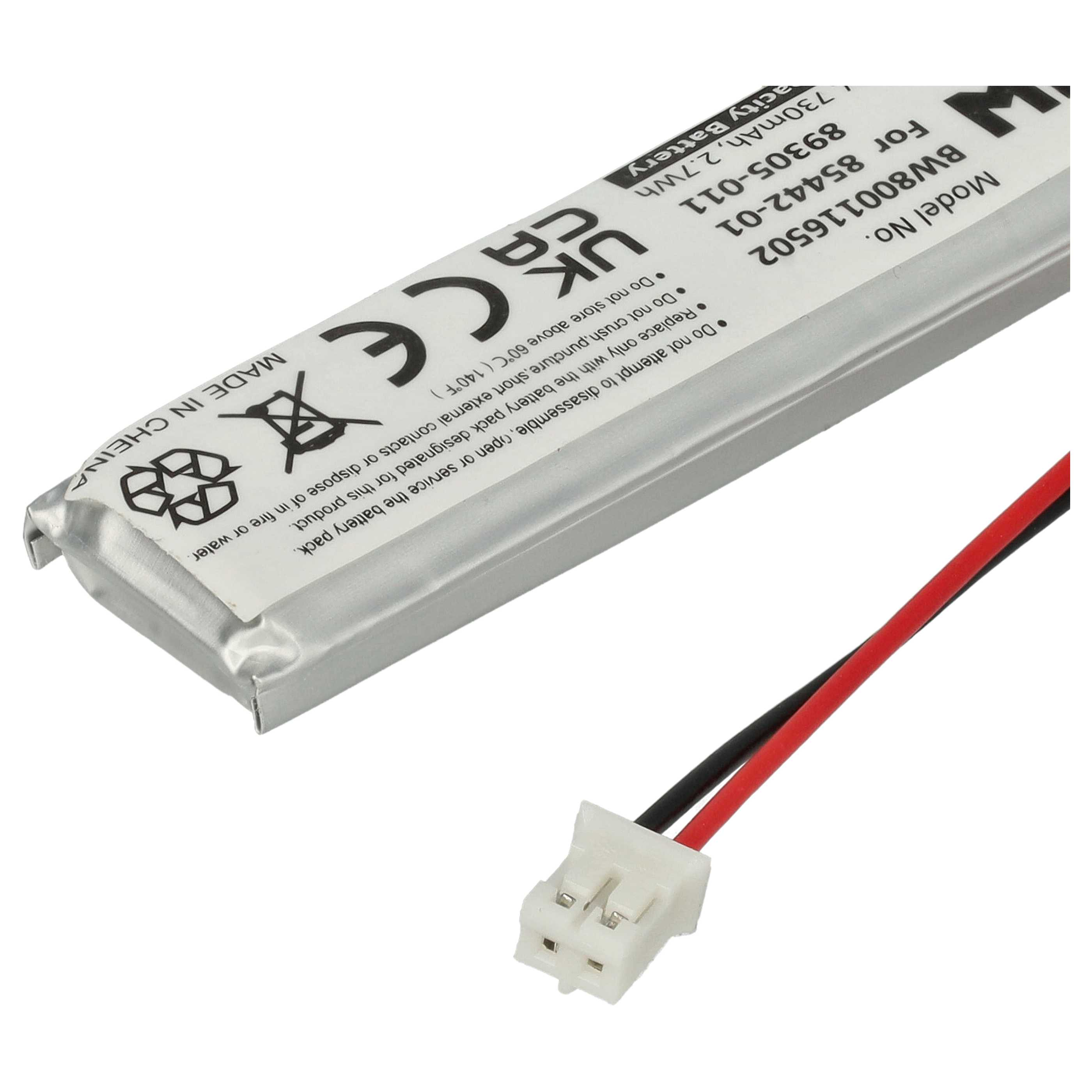 Eine Batterie mit Text und Drähten wird gezeigt. Sie hat einen weißen Stecker, schwarze und rote Drähte und ein weißes Etikett mit Text.