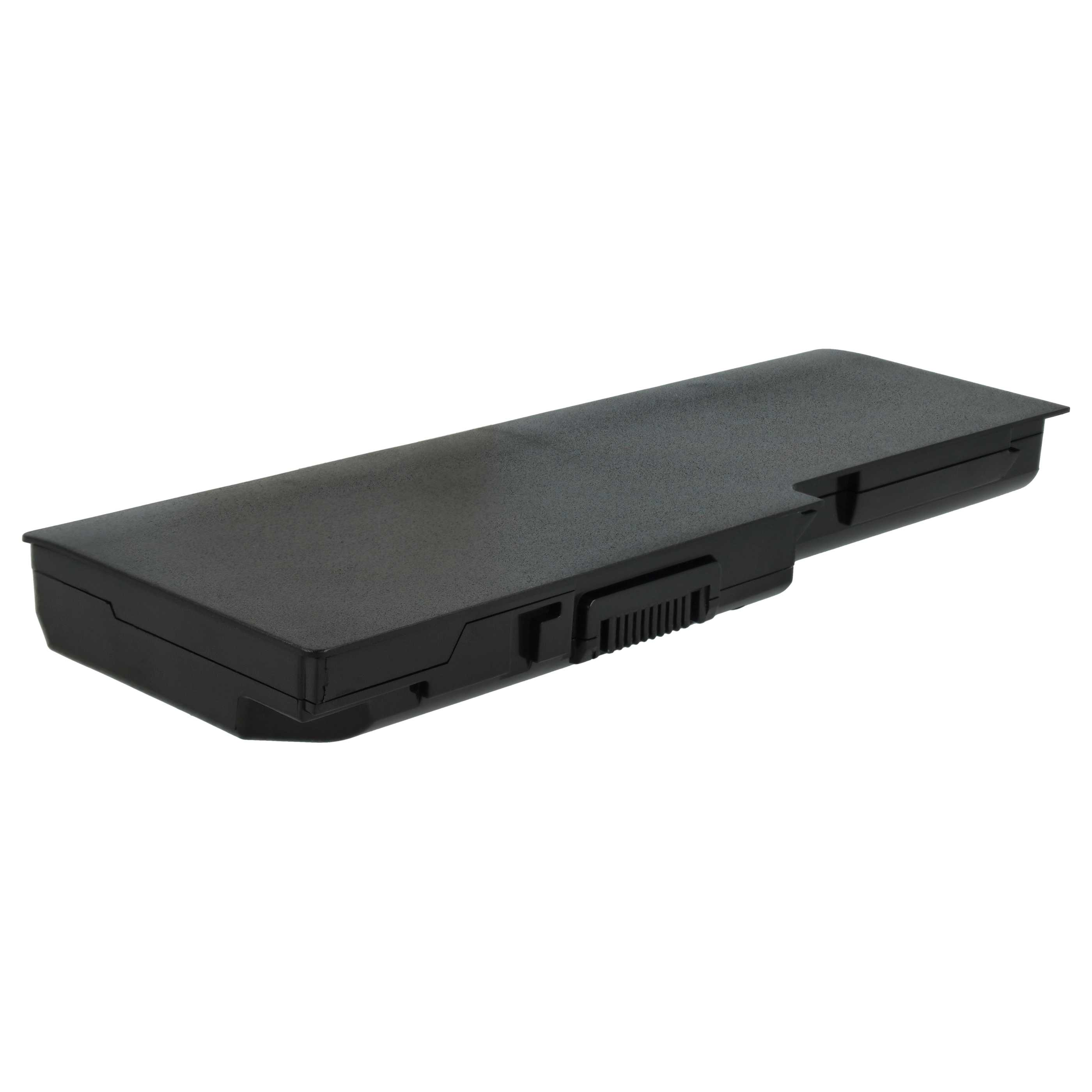 Ein schwarzer Laptop-Akku auf weißem Hintergrund. Er ist rechteckig mit Stecker und Belüftung.