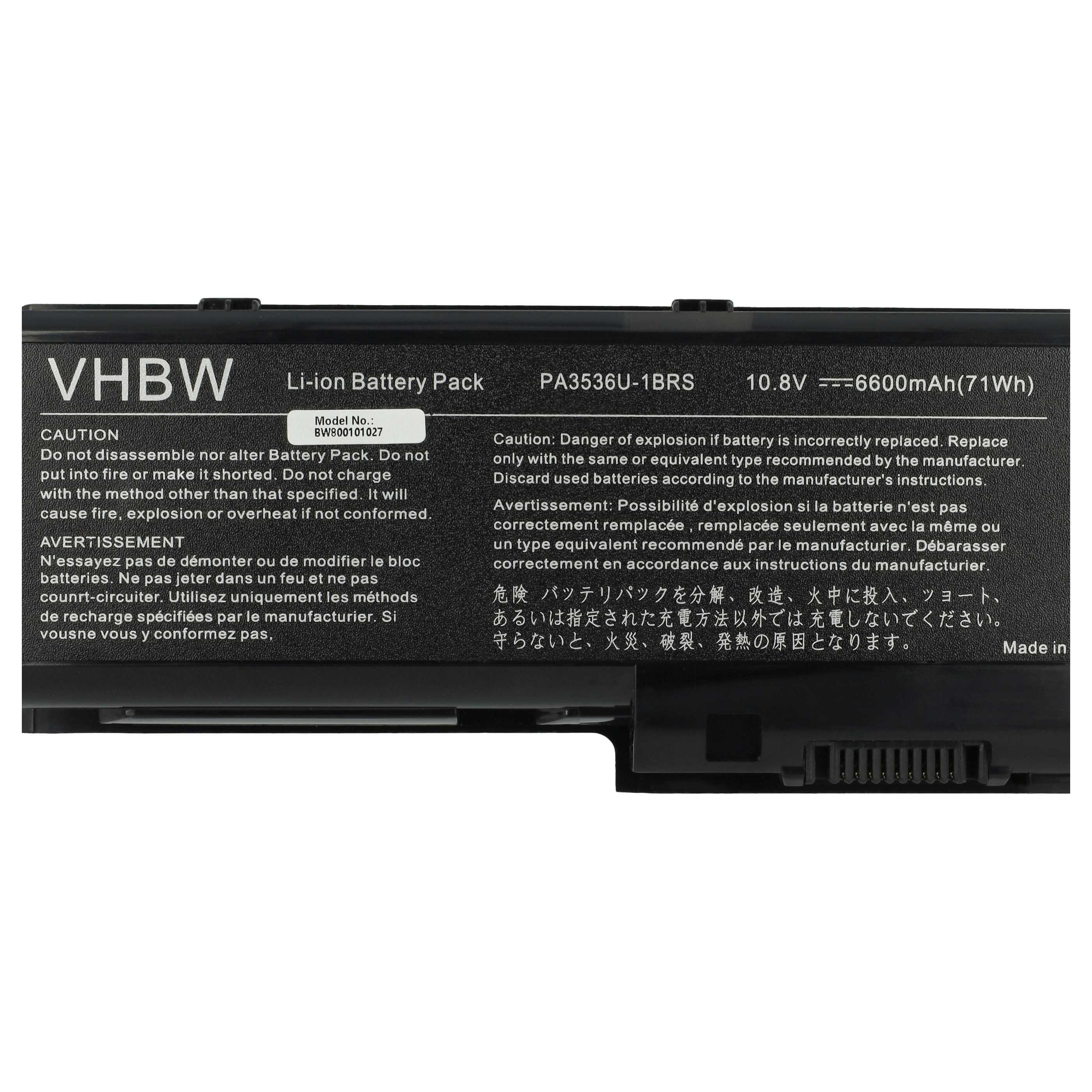 Schwarzer VHBW Li-Ionen-Akku mit Warnhinweisen. Text enthält Modell, Spannung und Sicherheitshinweise.