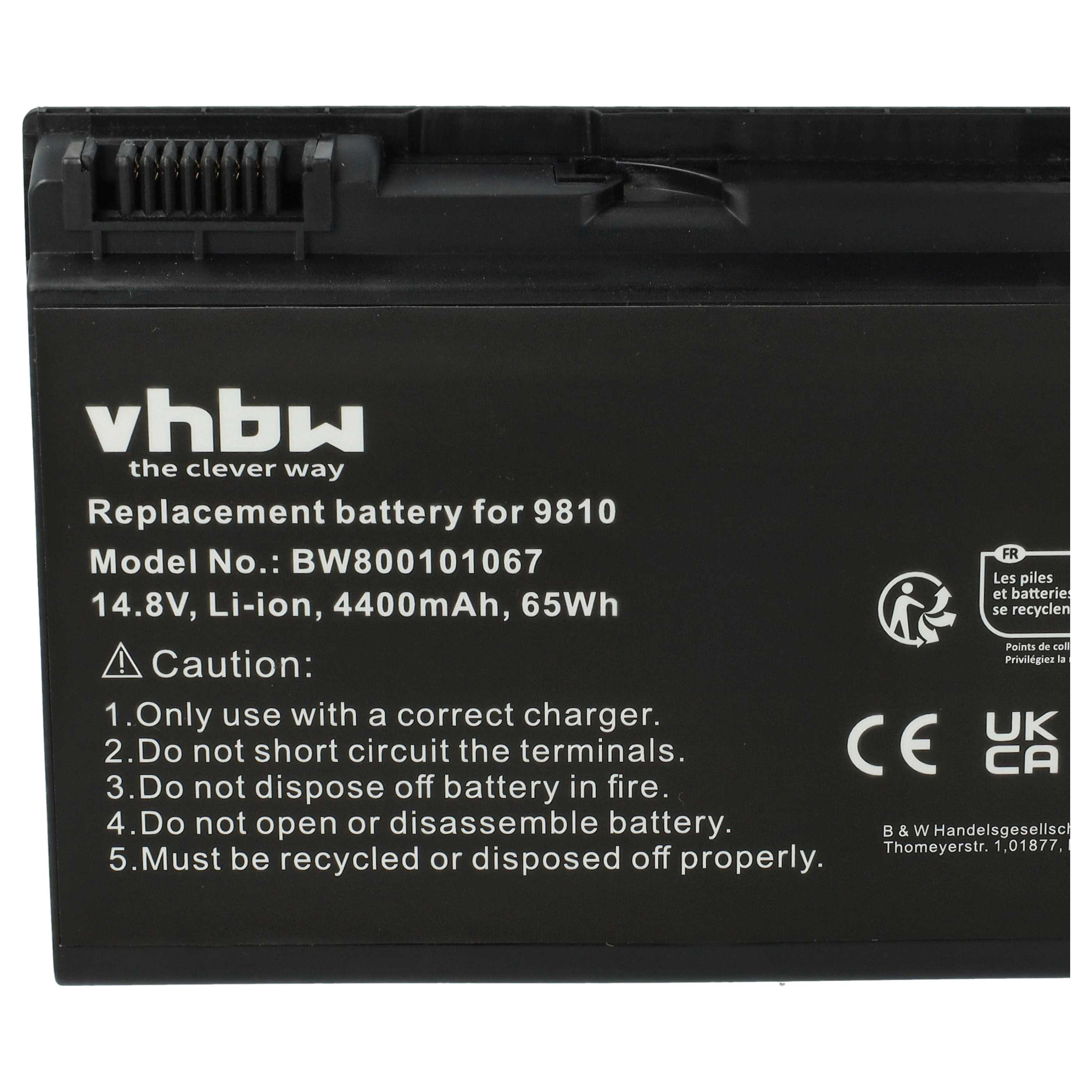 Schwarzer Laptop-Akku mit Text: vhbw, Modellnummer, Vorsichtshinweise und Recycling-Symbole. CE- und UK CA-Zeichen sichtbar.