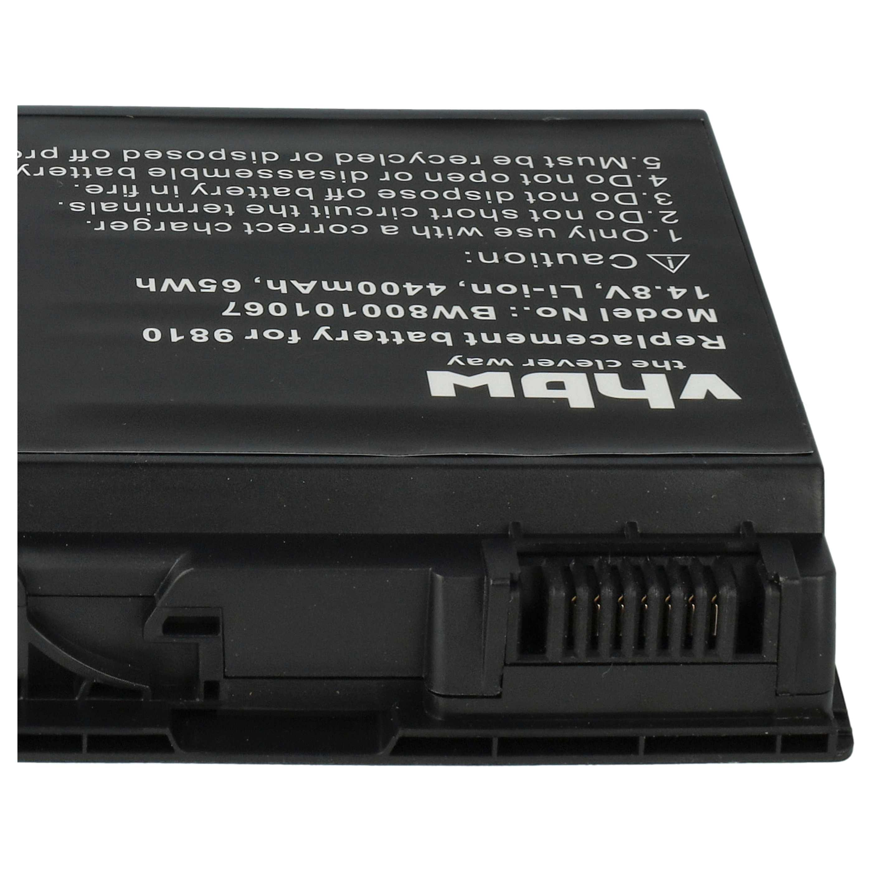 Schwarzes Akkupack mit weißem Text, einschließlich Warnungen und Spezifikationen. Mit Stecker.