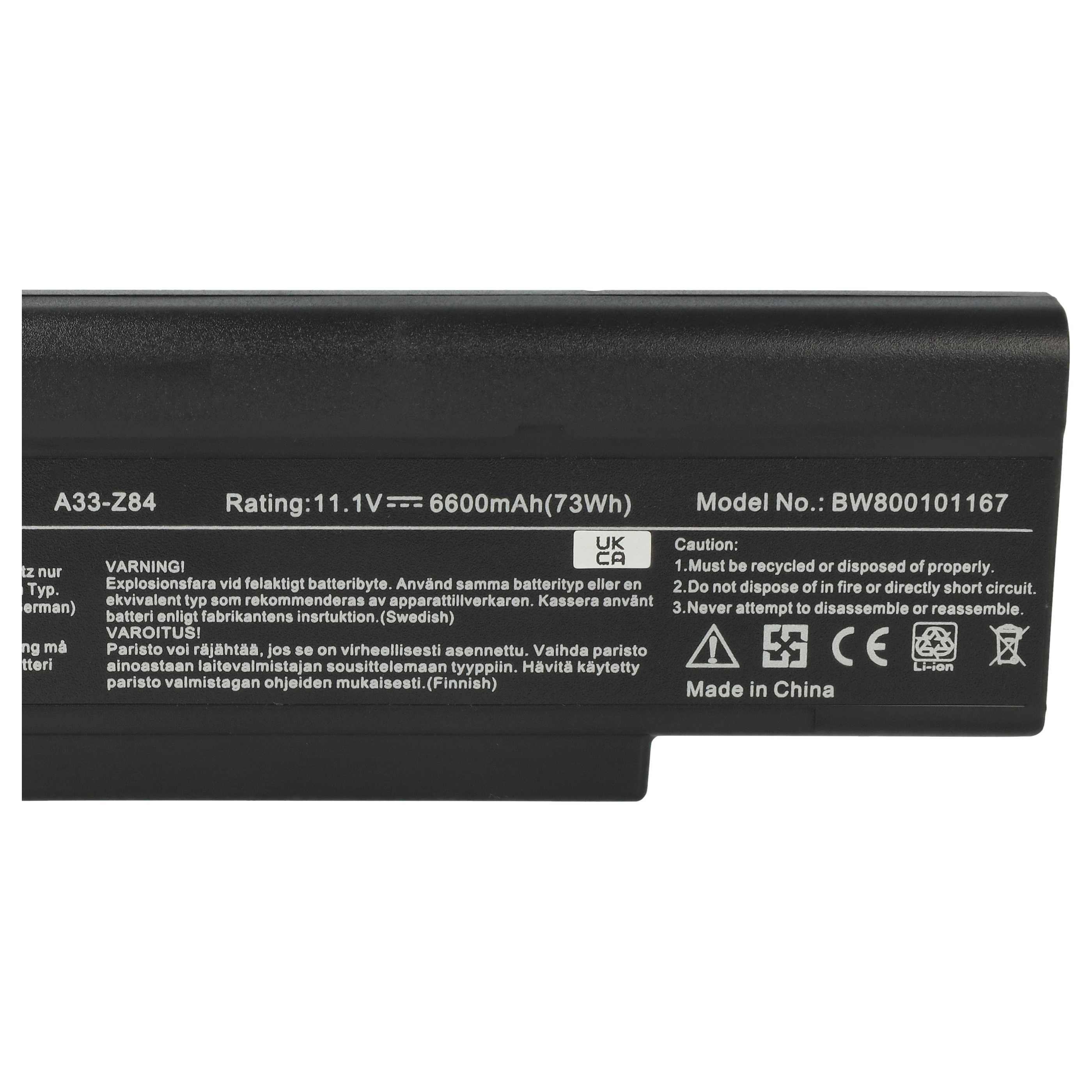 Ein schwarzer Laptop-Akku mit Text: A33-Z84, 11,1 V, 6600 mAh und Warnhinweisen in mehreren Sprachen. Hergestellt in China.