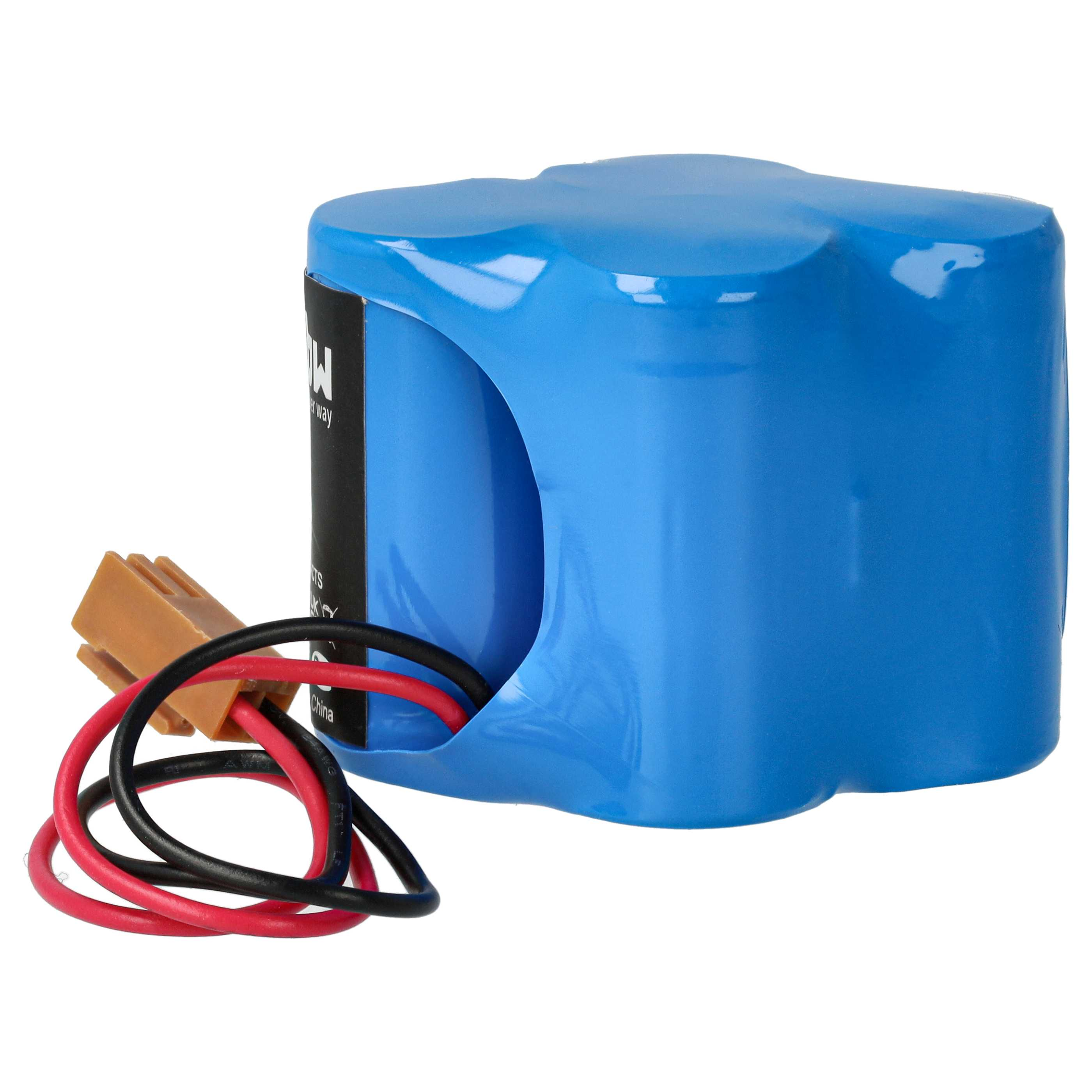 Ein blaues Batteriepack mit Stecker und Drähten. Die Drähte sind schwarz und rot. Der Hintergrund ist weiß.