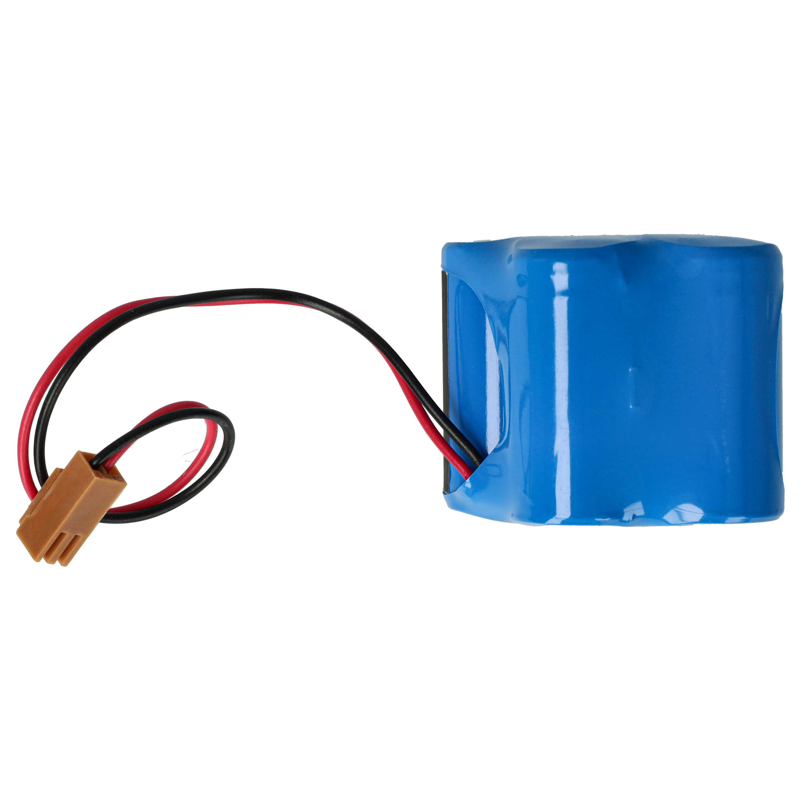 Ein blaues zylindrisches Batteriepack mit roten und schwarzen Drähten, die zu einem braunen Stecker führen.