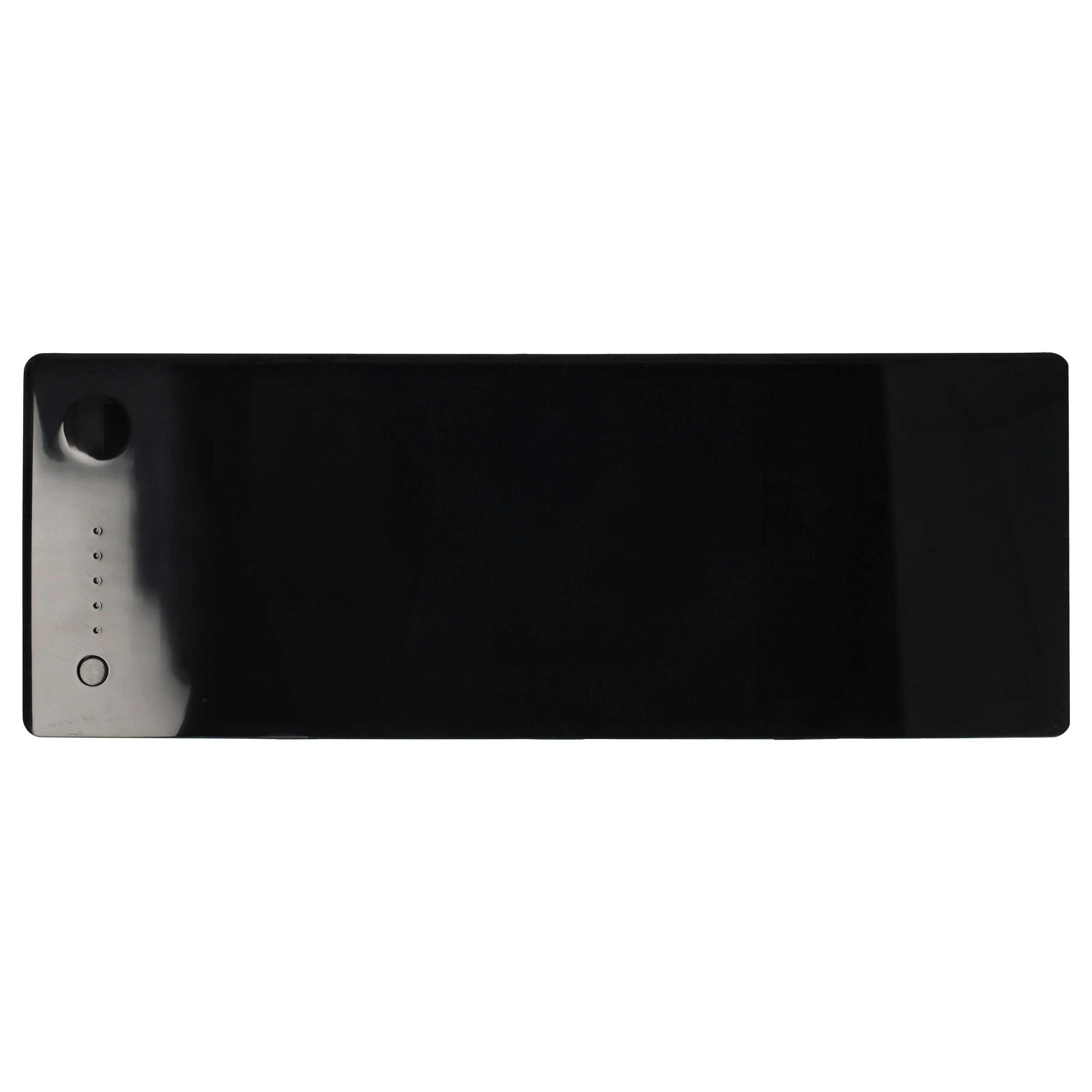 Power bank rettangolare nera con angoli arrotondati. Pulsante on/off e spie luminose sul lato.