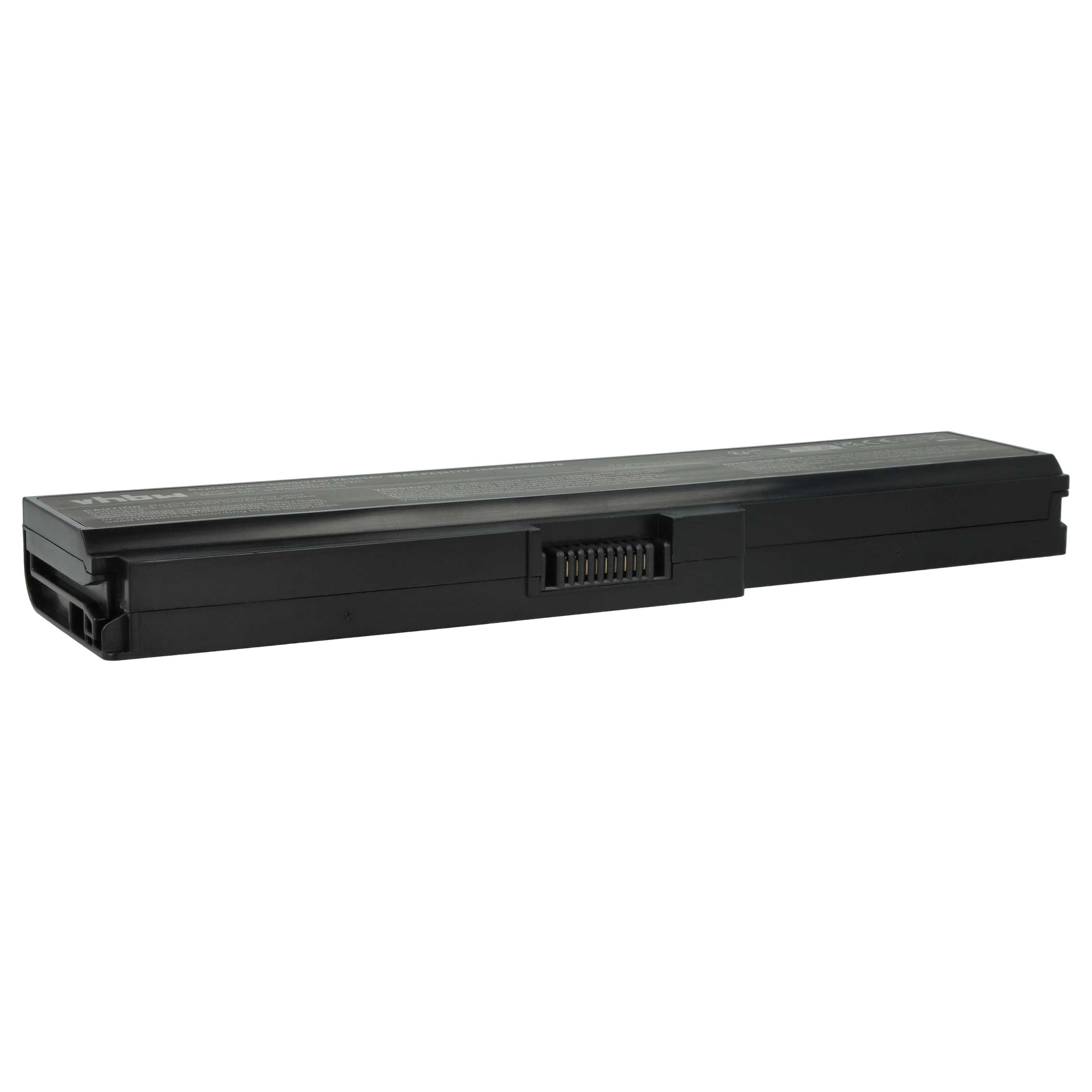 Ein schwarzer Laptop-Akku auf weißem Hintergrund. Er hat einen Stecker und Text oben.