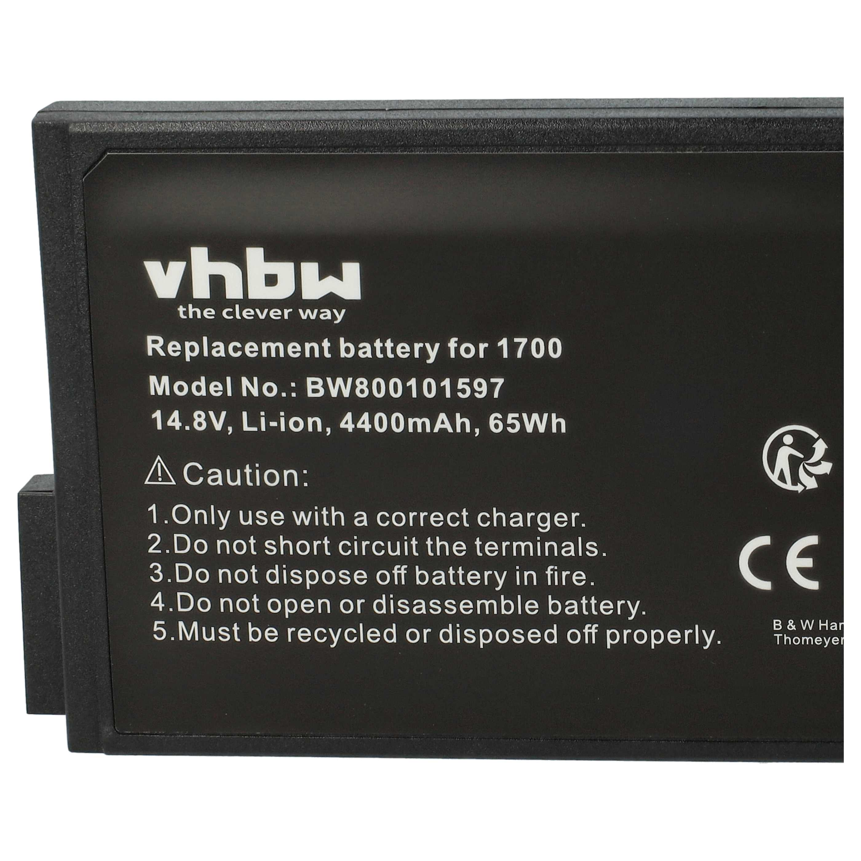 Schwarzer Akku mit weißem Text. Sagt 'Ersatzbatterie', 'Vorsicht' und 'CE'. Schwarzer Rahmen und weißer Hintergrund.