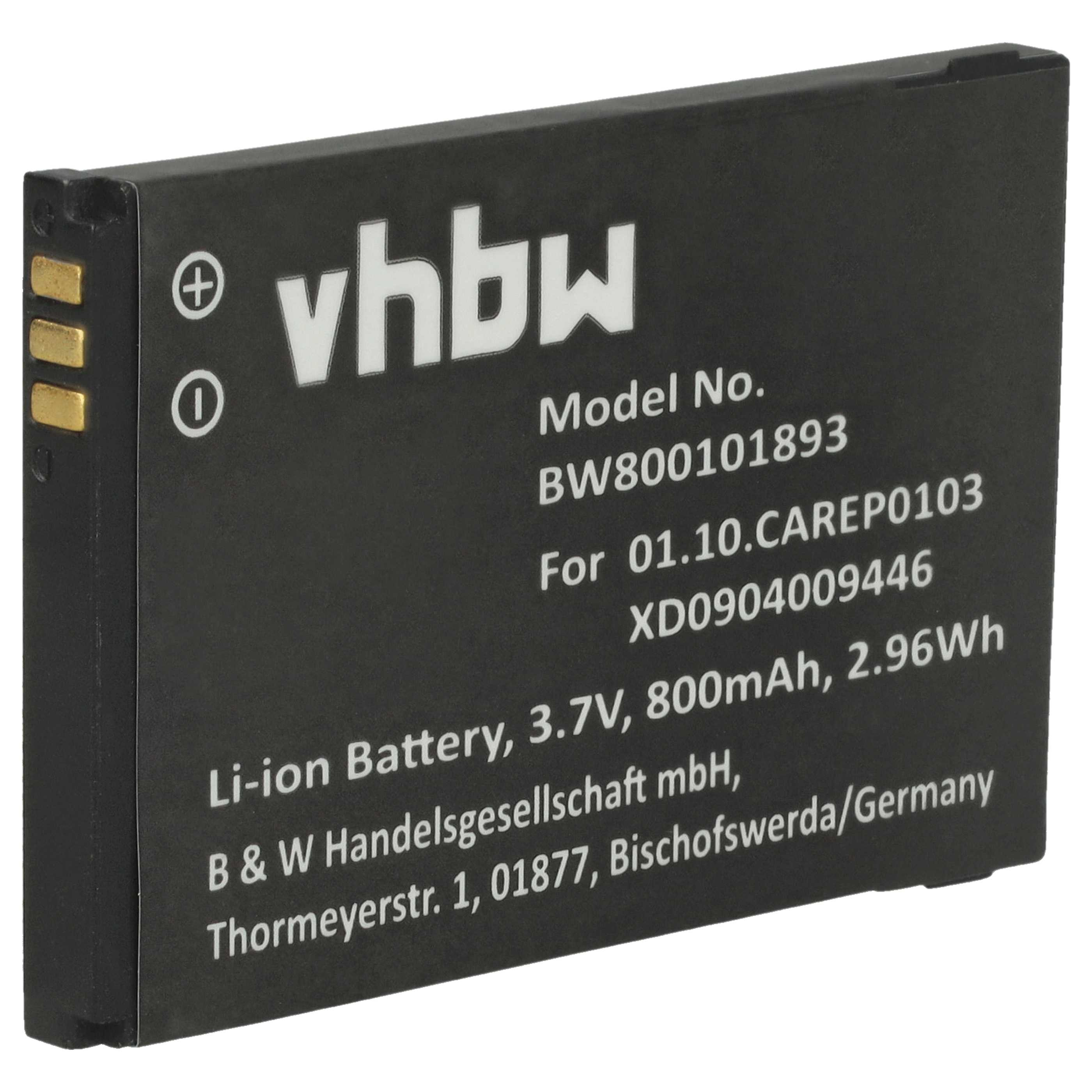 Ein schwarzer Akku mit weißem Text. Er hat das vhbw-Logo, Modellinformationen und Spezifikationen: 3,7 V, 800 mAh, 2,96 Wh.
