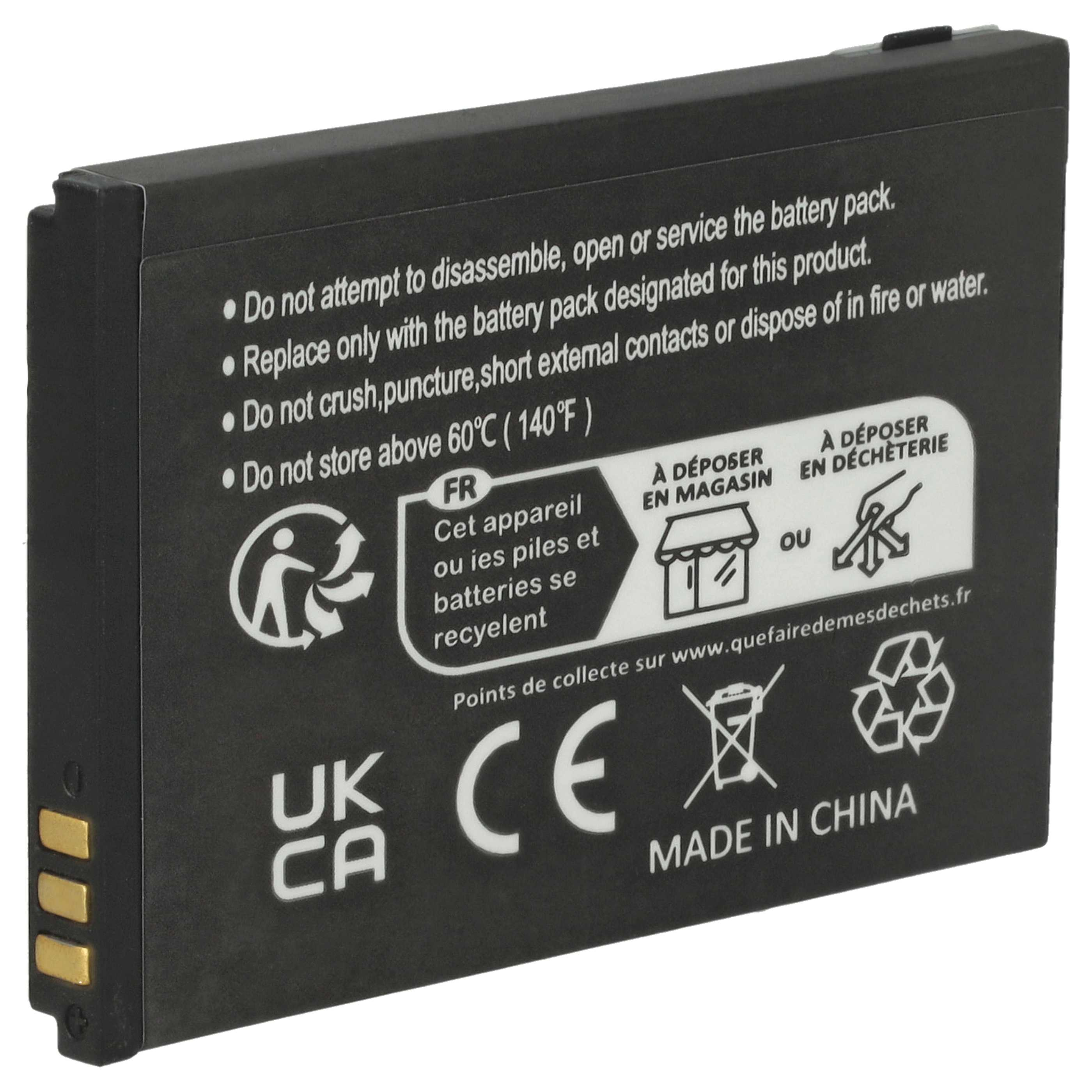 Schwarzer Akku mit Warnhinweisen. Enthält Recyclingsymbole, CE-Zeichen und Made in China. Warnungen beinhalten Temperaturgrenzen.