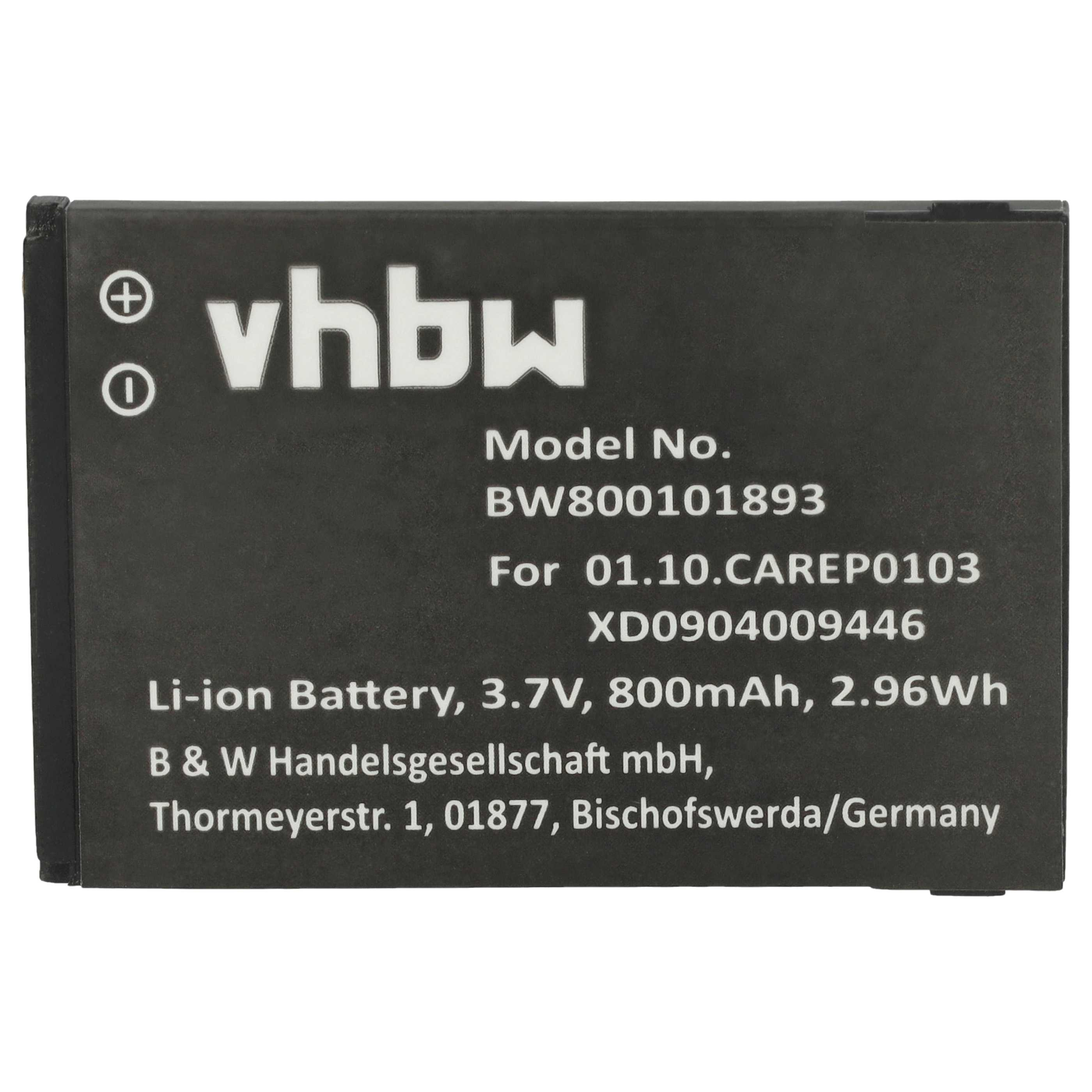 Ein schwarzer Akku mit weißem Text. Es hat das vhbw-Logo und Details wie Modellnummer, Akkutyp und Adresse.