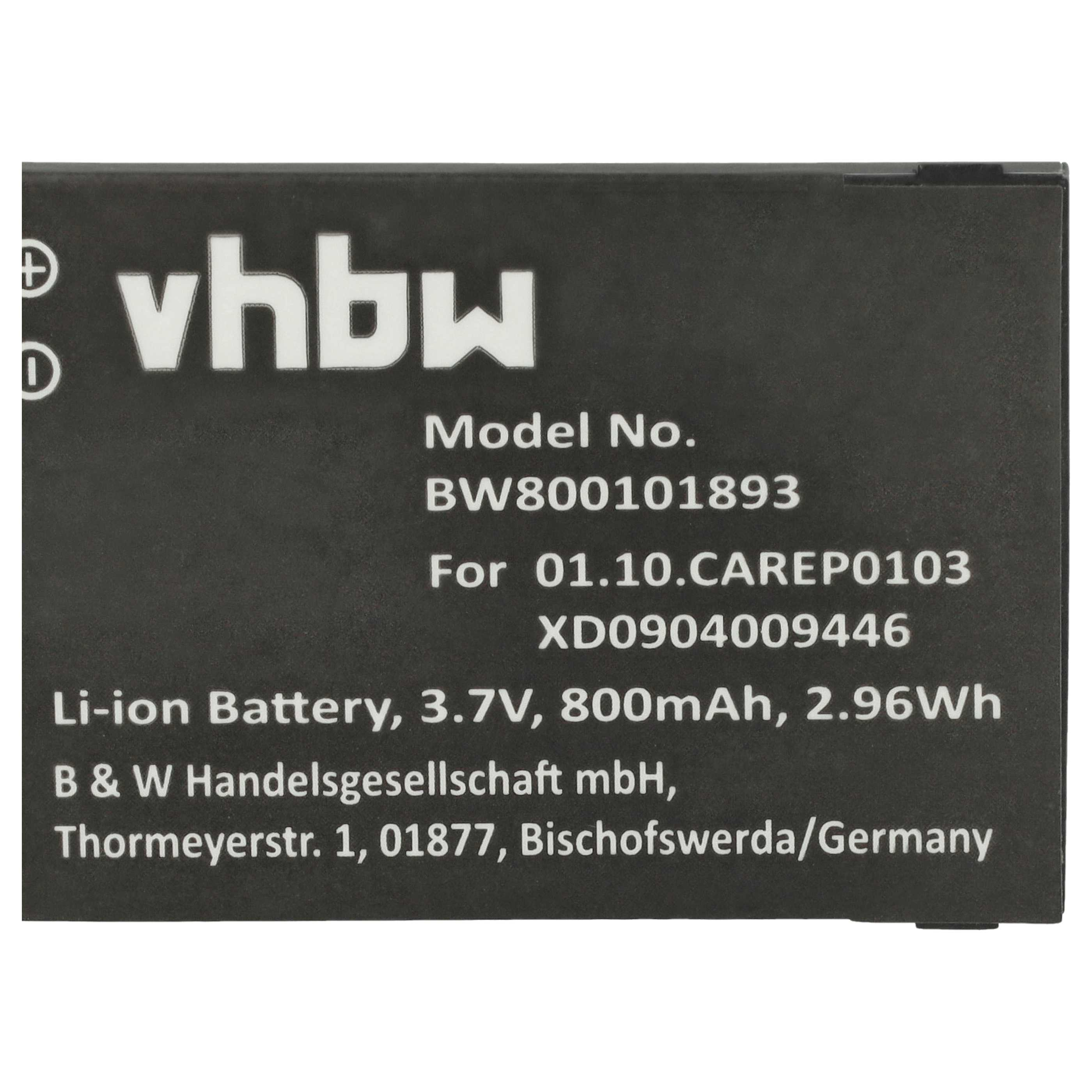 Schwarzes vhbw-Batterielabel. Es zeigt Modellnummer, Spezifikationen und Unternehmensdetails. Der Text ist weiß.