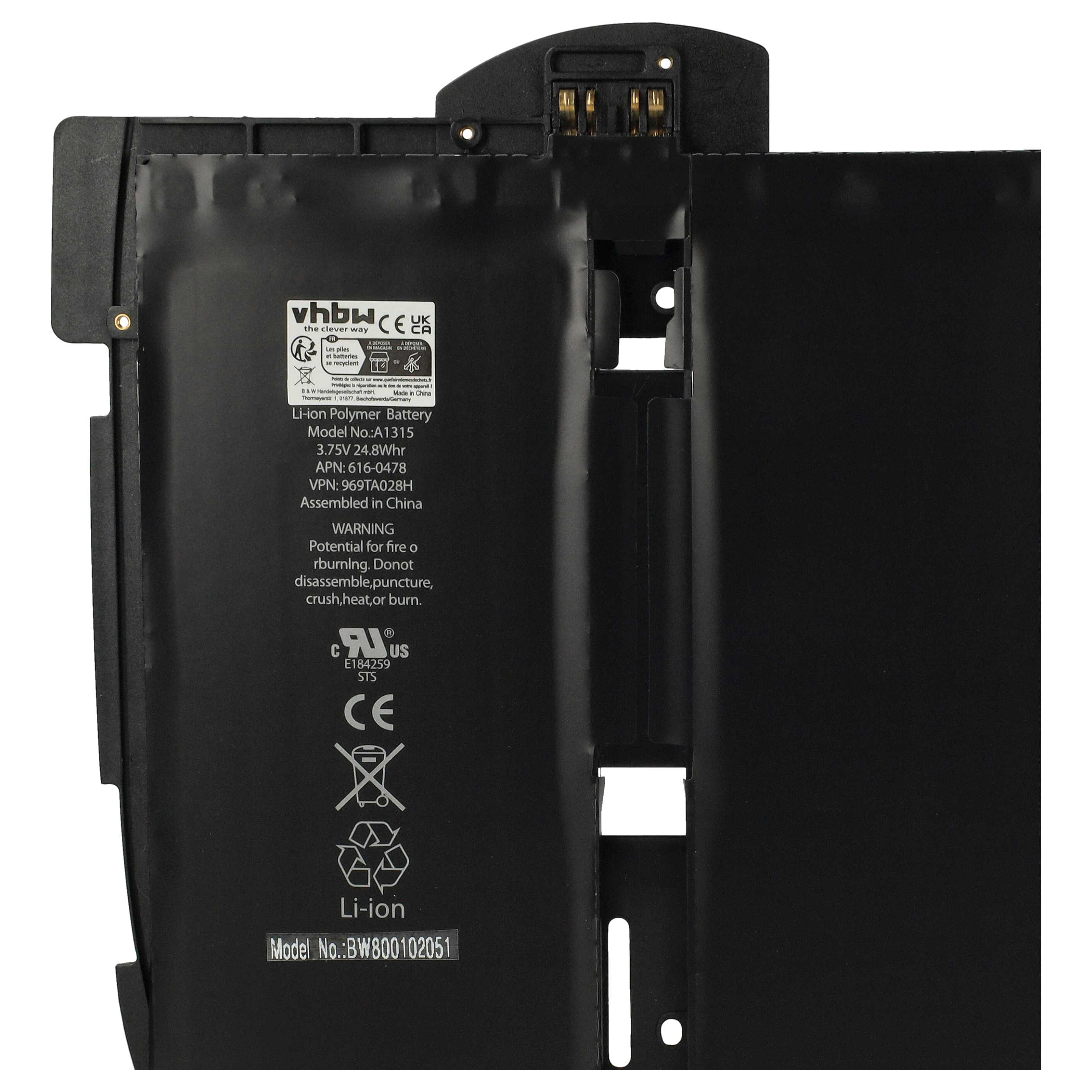 Ein schwarzer Li-Ionen-Akku mit Etiketten und Informationen, einschließlich Warnhinweisen und Modellnummer BW800102051.