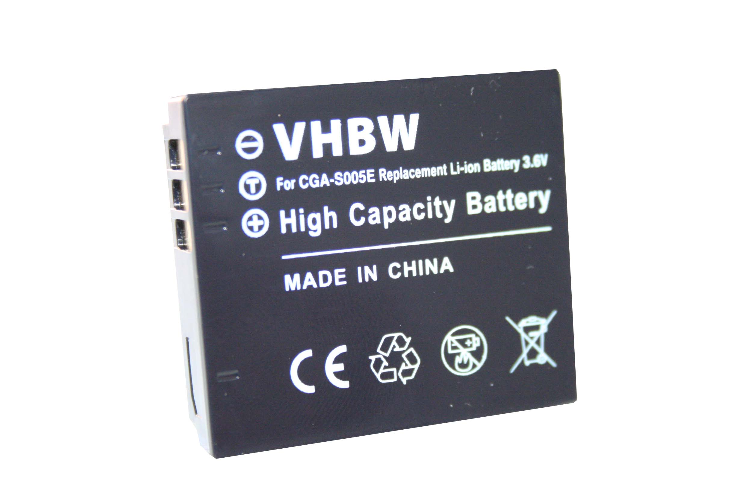 Ein schwarzer Akku mit weißem Text liest VHBW, High Capacity Battery und Made in China. Es hat Symbole und ein CE-Zeichen.