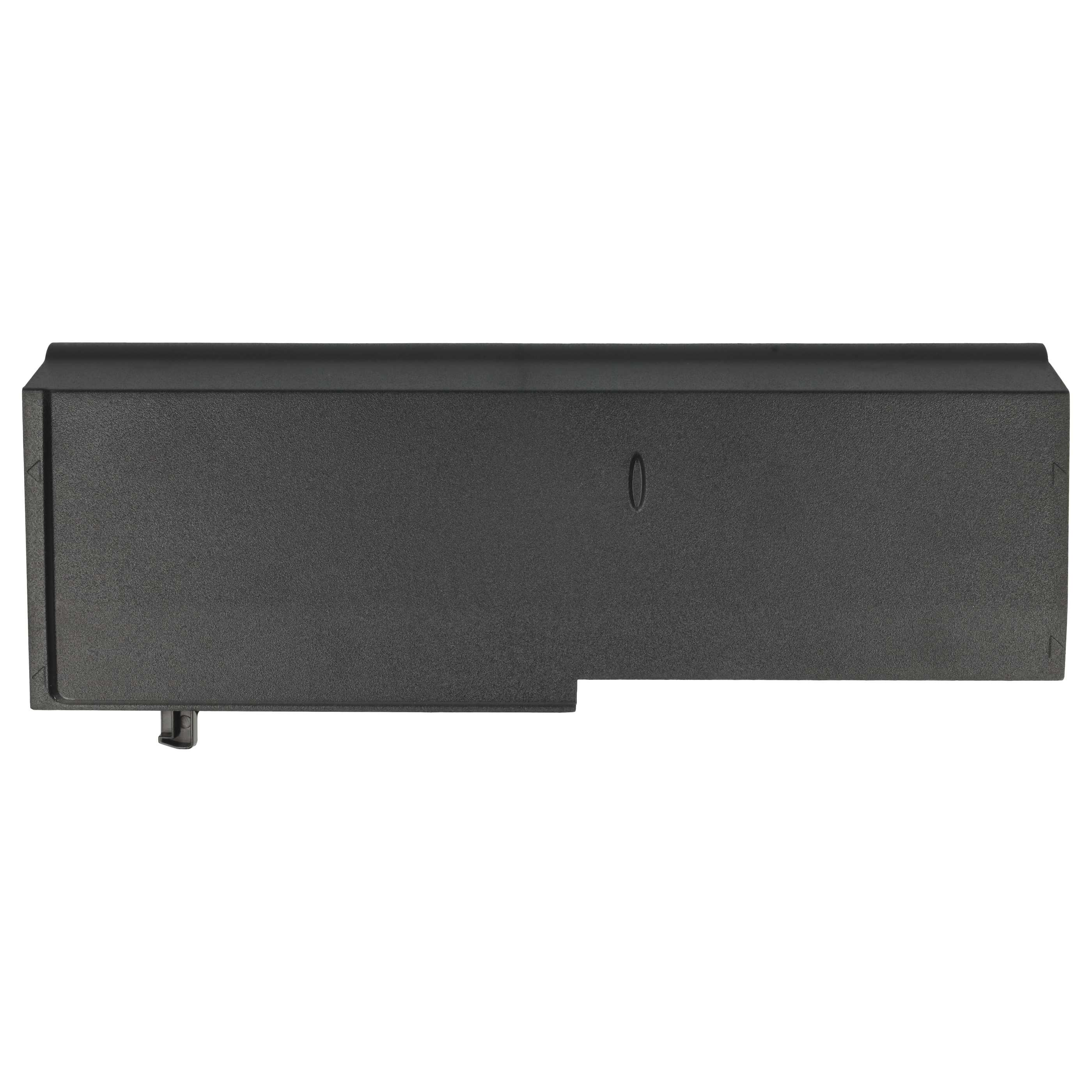 Ein schwarzer Laptop-Akku mit einem kleinen, erhabenen, oval geformten Knopf, vor weißem Hintergrund.