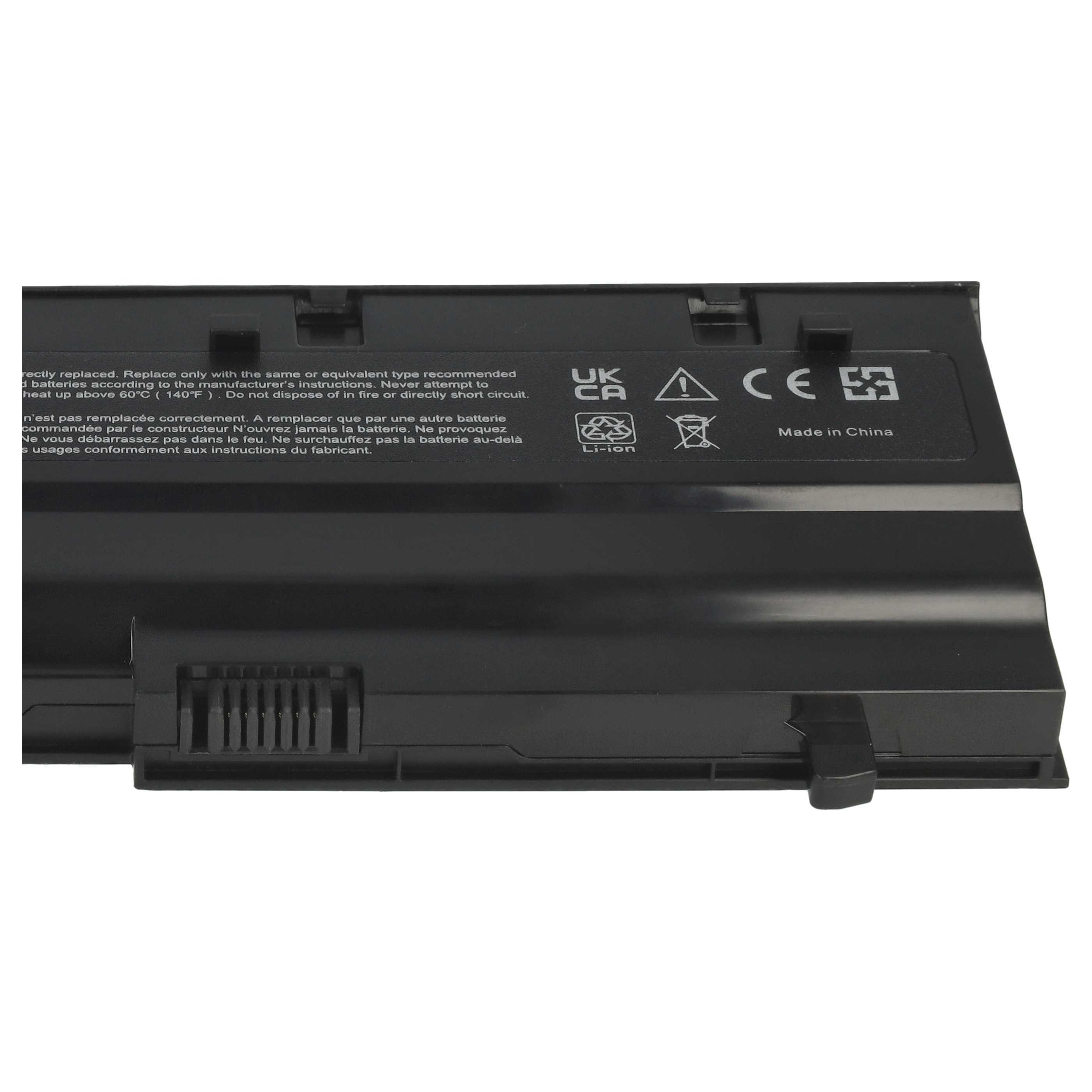 Schwarzer Laptop-Akku. Enthält Warnungen, Sicherheitssymbole und Text in Englisch und Französisch. Hergestellt in China.