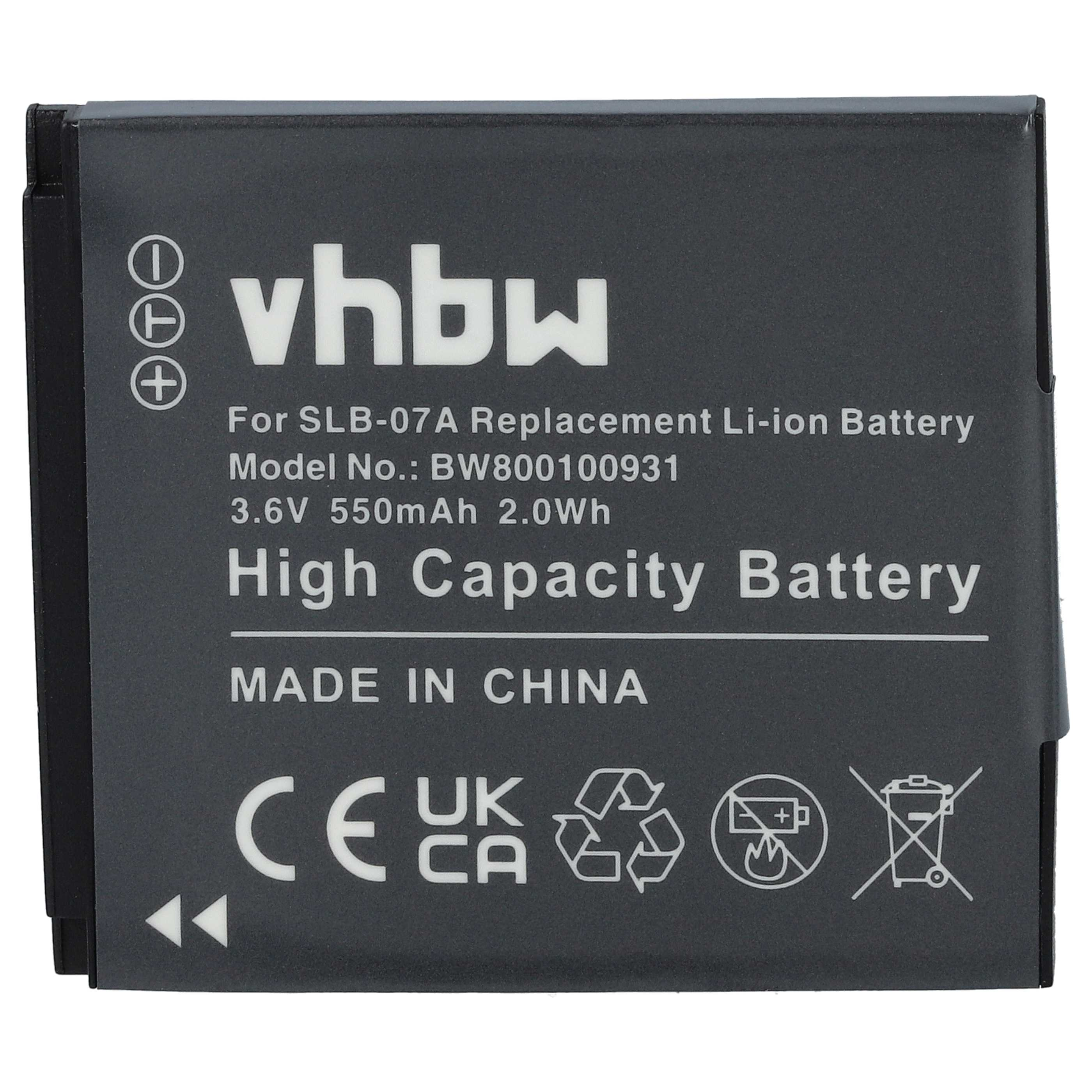 Ein schwarzer Akku mit weißem Text. Er lautet: vhbw, Für SLB-07A Akku, Modell BW800100931, 3,6V 550mAh, Hergestellt in China.