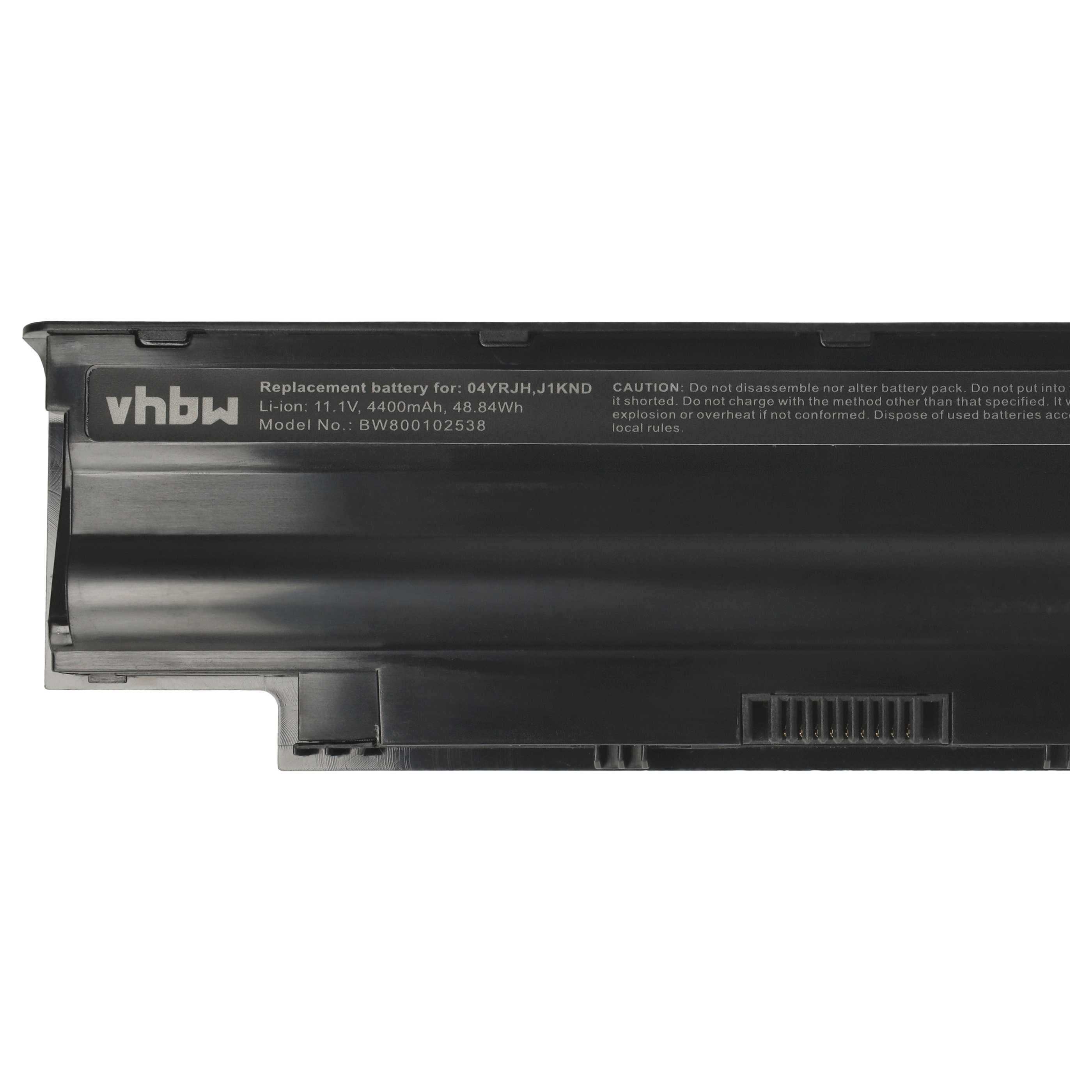 Schwarzer Laptop-Akku mit weißem Text. Marke: vhbw. Spezifikationen: 11,1 V, 4400 mAh. Modellinfo sichtbar. Vorsichtsetikett vorhanden.