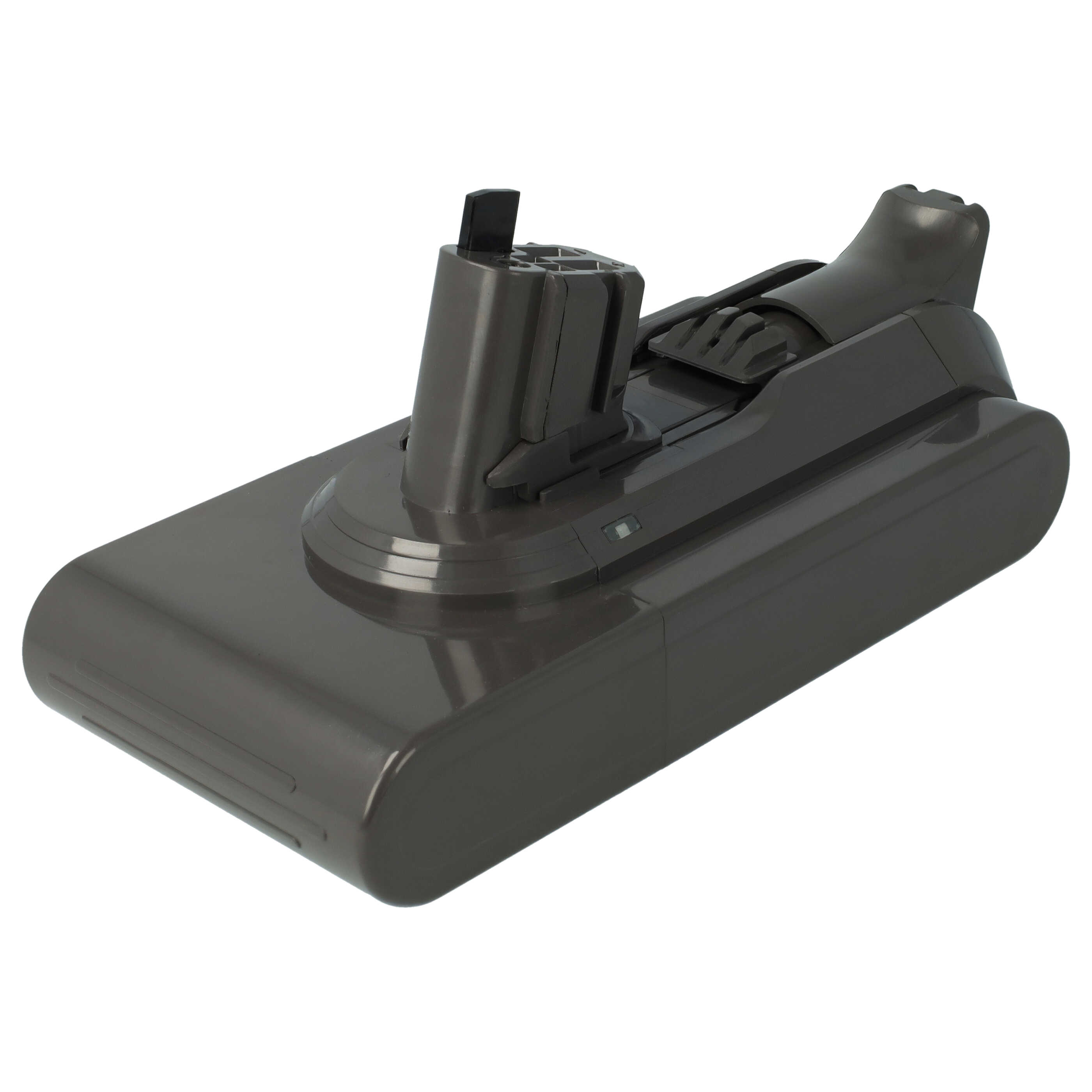 Ein grauer Dyson-Staubsauger-Akku. Er ist rechteckig mit einem zylindrischen Oberteil und einem schwarzen Knopf. Isoliert auf Weiß.