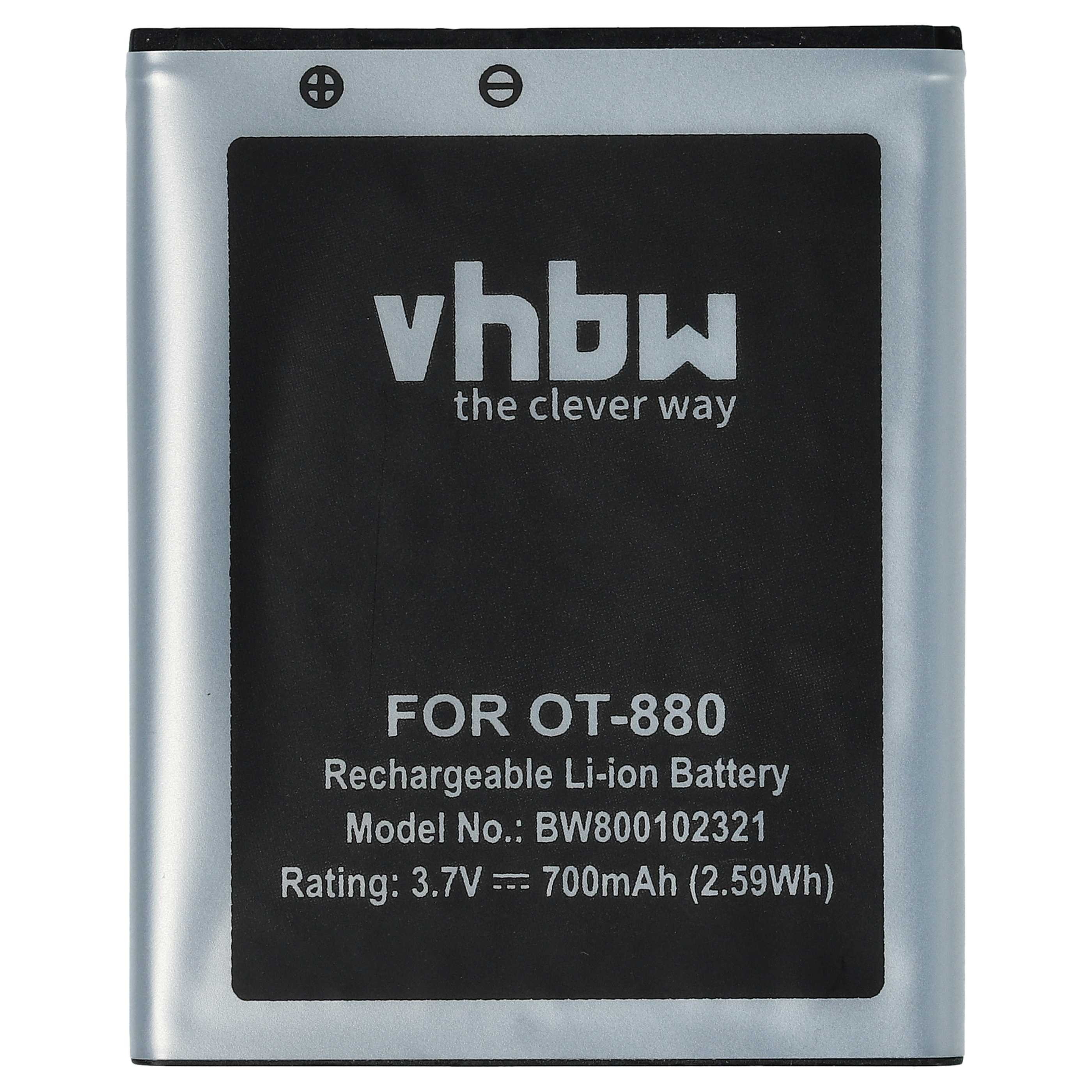 Ein rechteckiger Akku mit schwarzem Mittellabel. Text enthält „vhbw“, „OT-880“, Modell- und Bewertungsinformationen.
