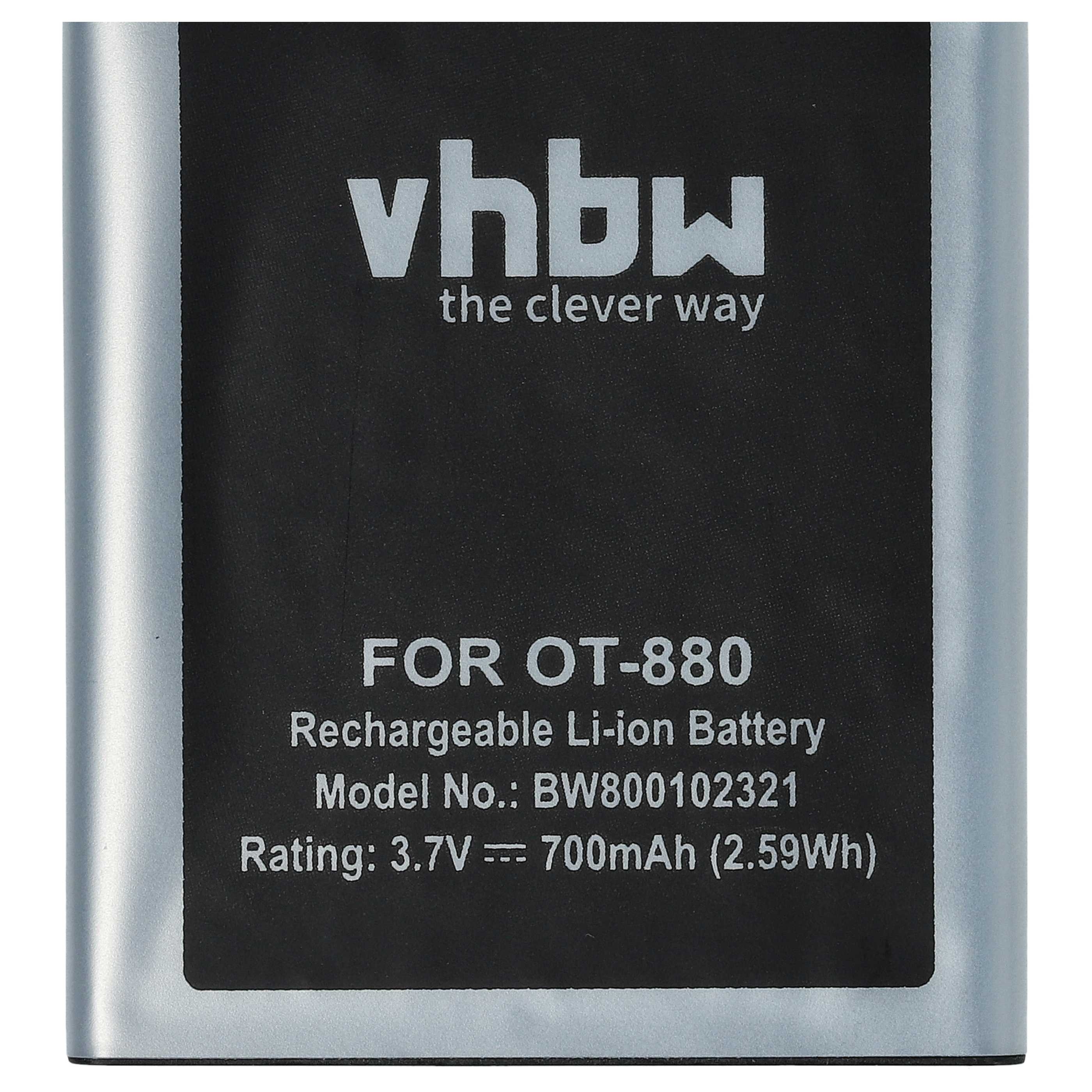 Rechteckiger Akku mit Text. Oben das vhbw-Logo. Details umfassen 'OT-880', 'Li-Ionen-Akku', '3,7V' und '700mAh'.