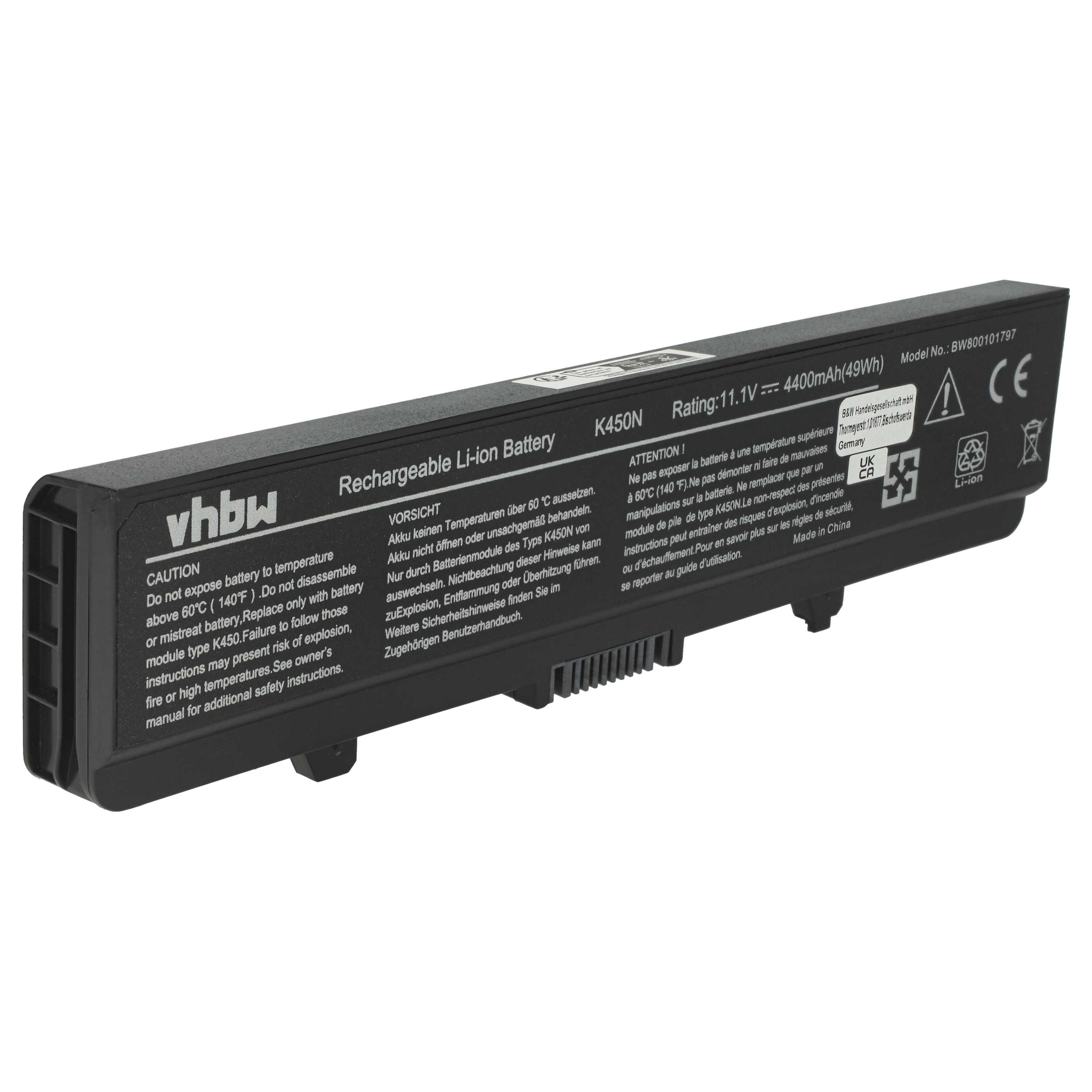 Ein schwarzes Akkupack mit weißem Text. Es steht 'Rechargeable Li-ion Battery' und Sicherheitshinweise.