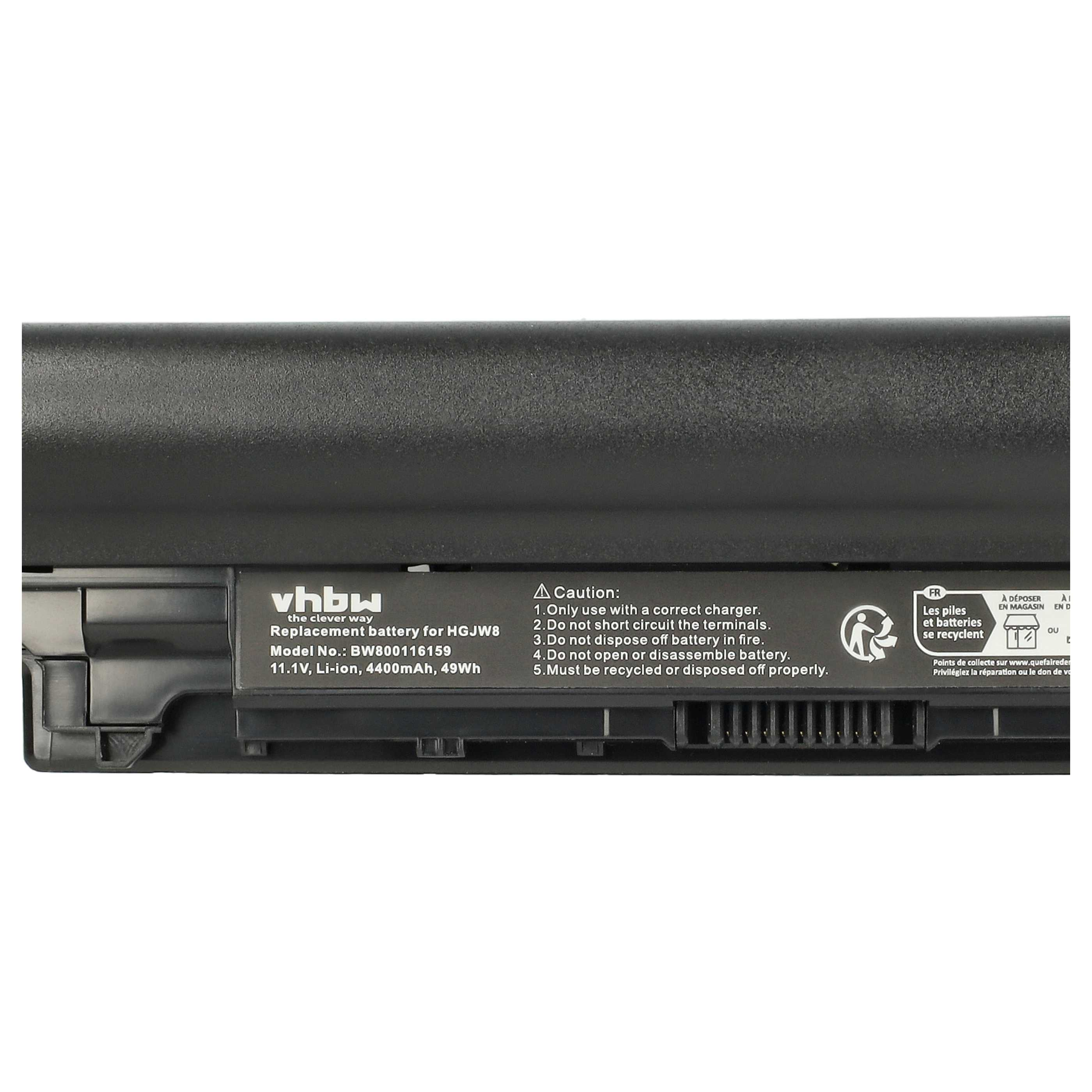 Schwarzer Laptop-Akku mit weißem Text. Er hat Warnhinweise und ein Recyclingsymbol.