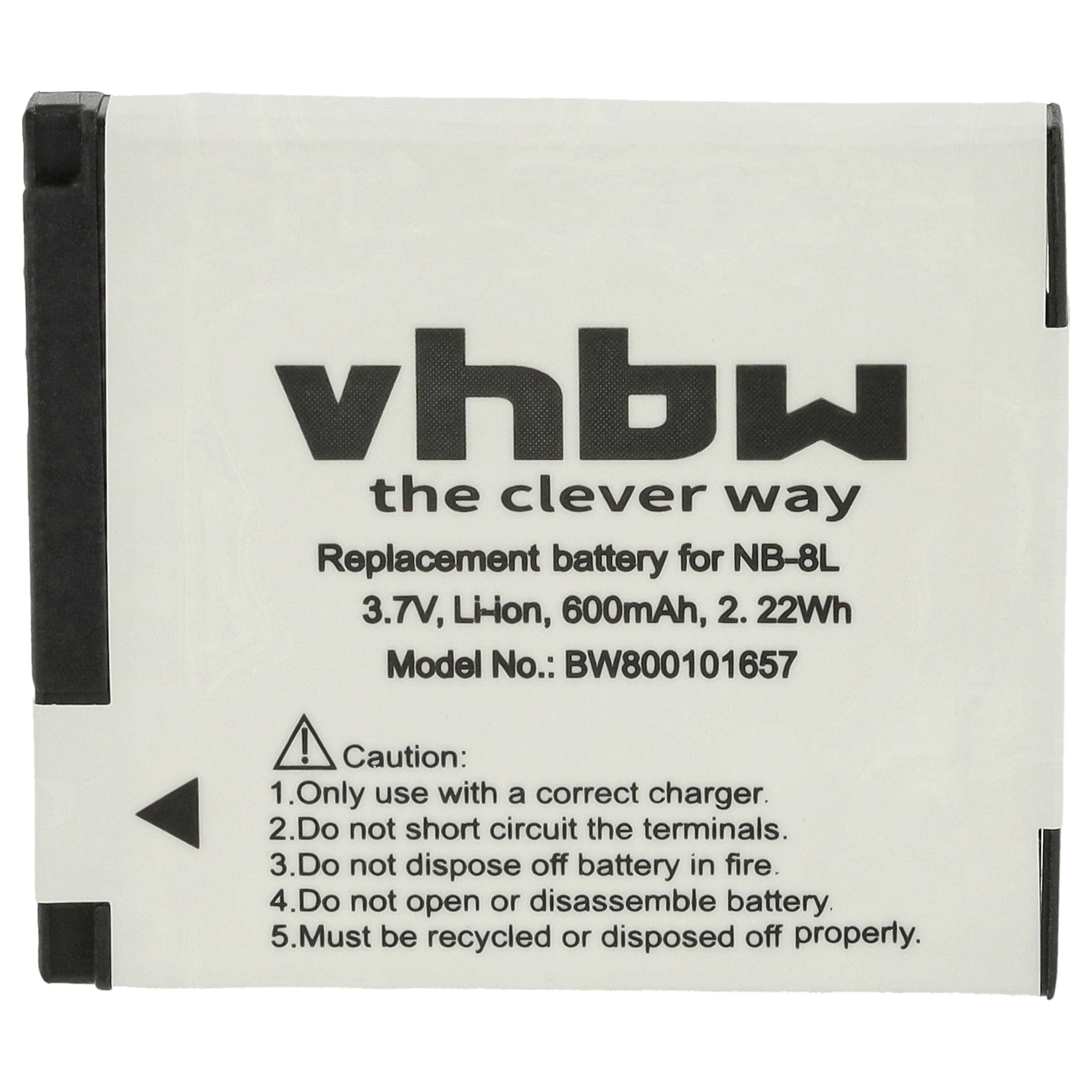 Weißes Batterieetikett mit schwarzem Text: vhbw, Modellinfo und Vorsichtshinweise.