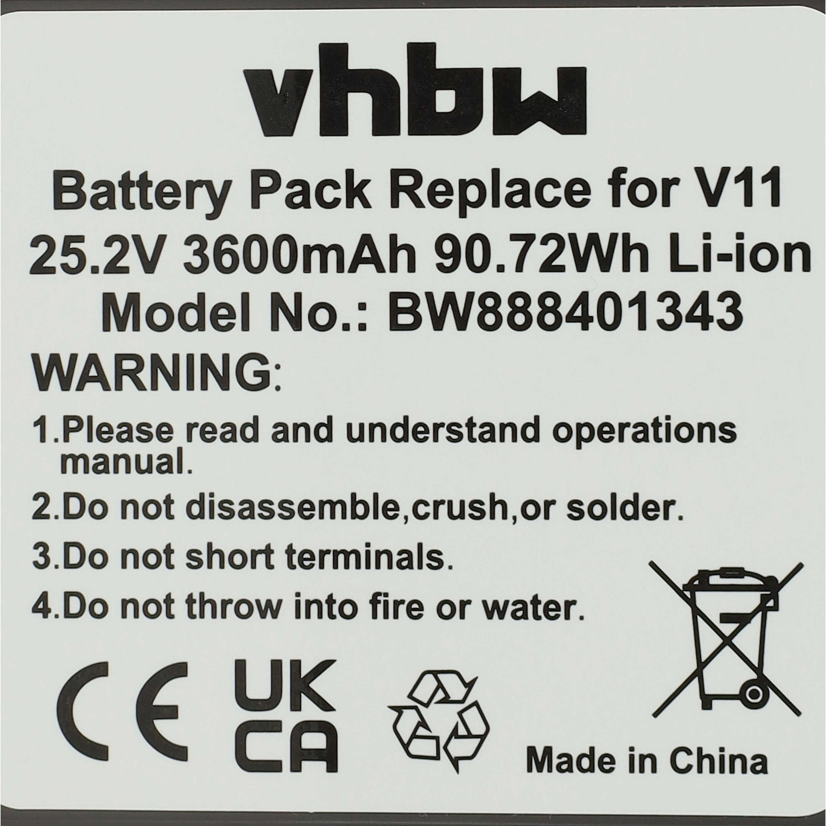 Ein Batteriepack-Etikett mit Text wie 'vhbw', 'Battery Pack', '25.2V', 'WARNING' und Recycling-Symbolen. Hergestellt in China.