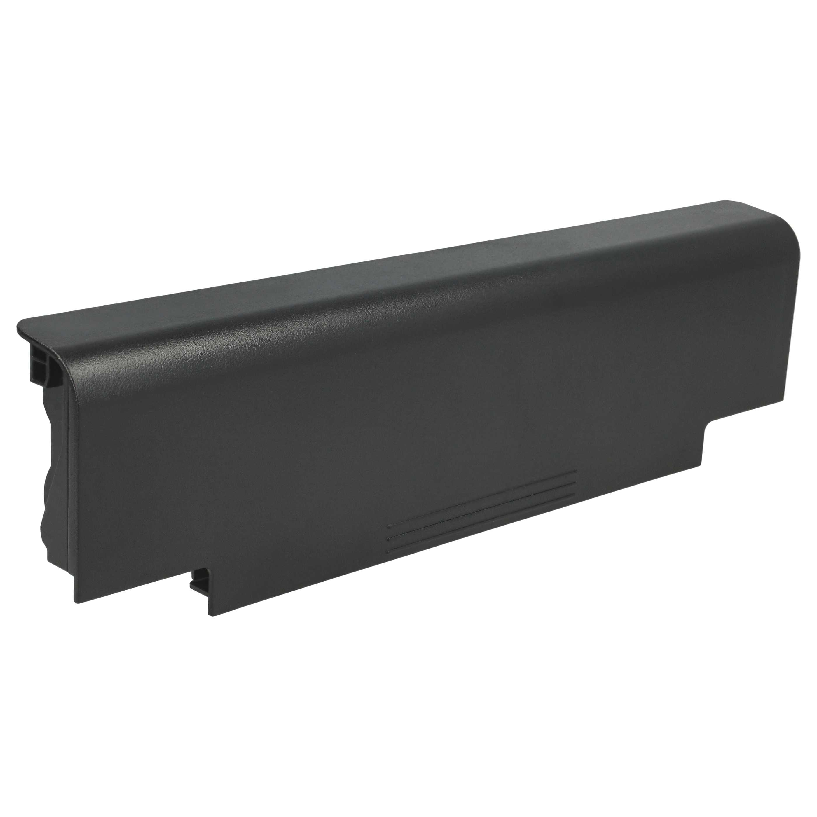 Ein schwarzer Laptop-Akku. Er ist rechteckig mit abgerundeter Oberseite und hat einige Linien.