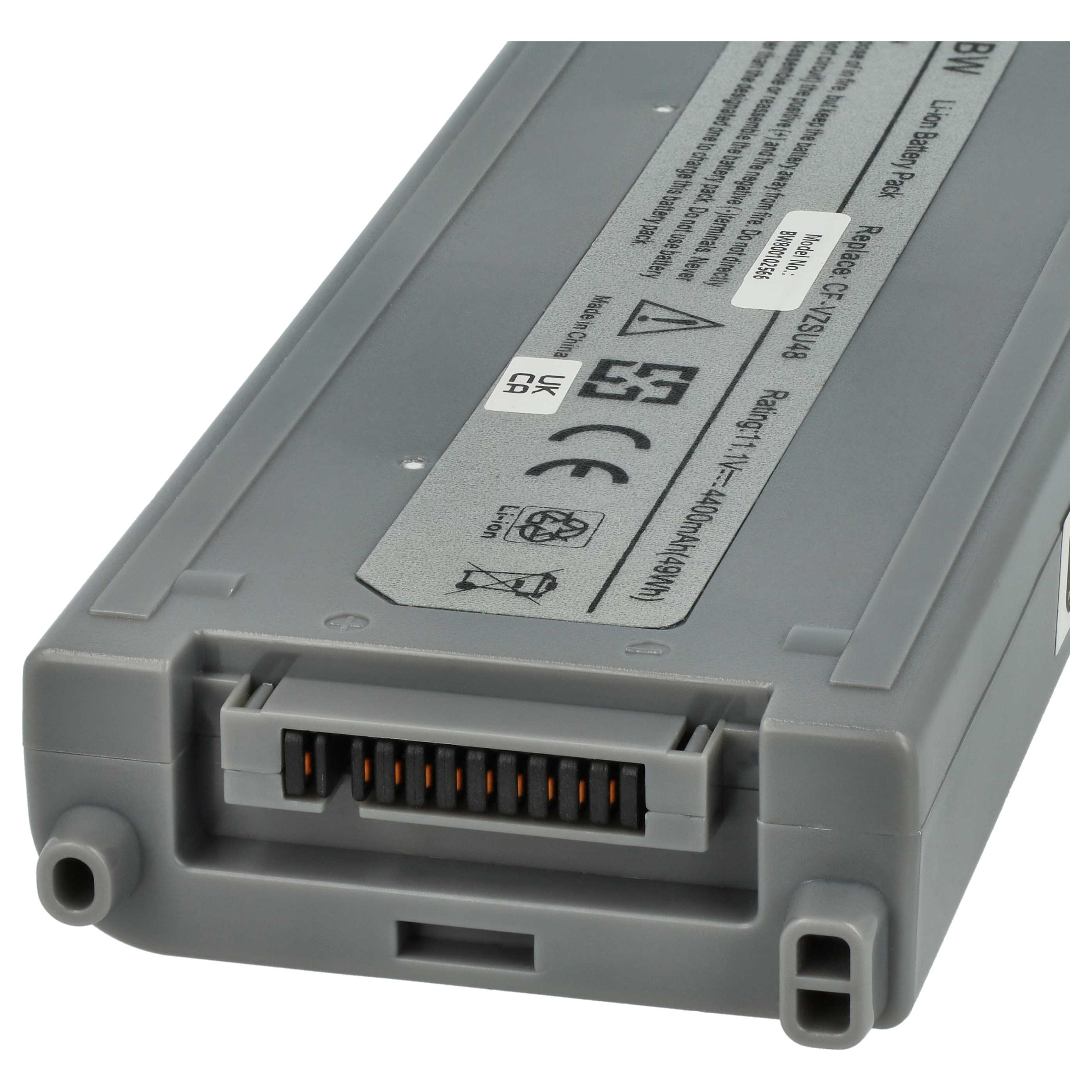 Ein grauer Li-Ionen-Akku mit Anschlussstiften, Etiketten und Warnhinweisen. Der Akku hat eine Nennleistung von 11,1 V und 4400 mAh.
