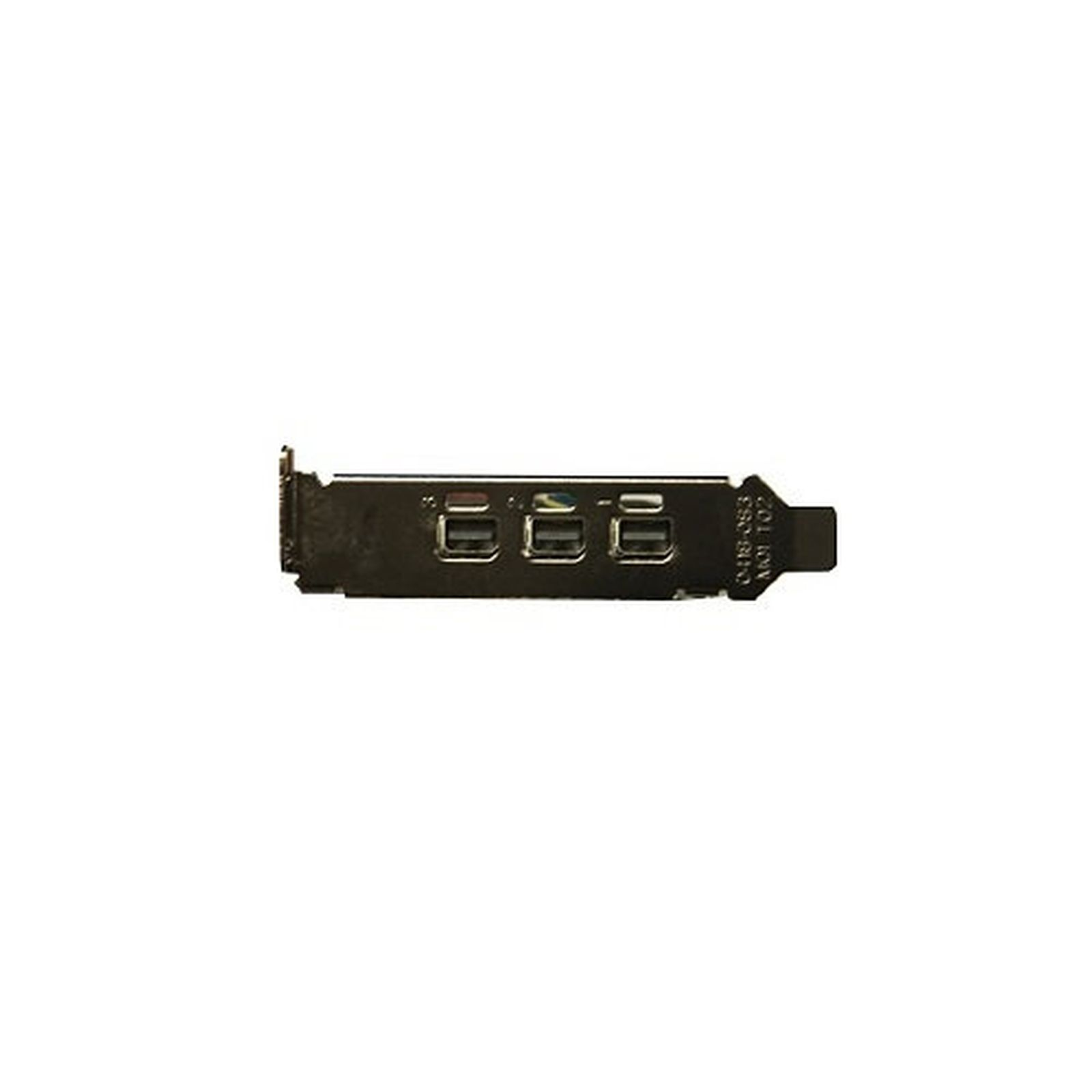Un componente per computer nero con tre porte USB e un connettore. Lo sfondo è bianco.