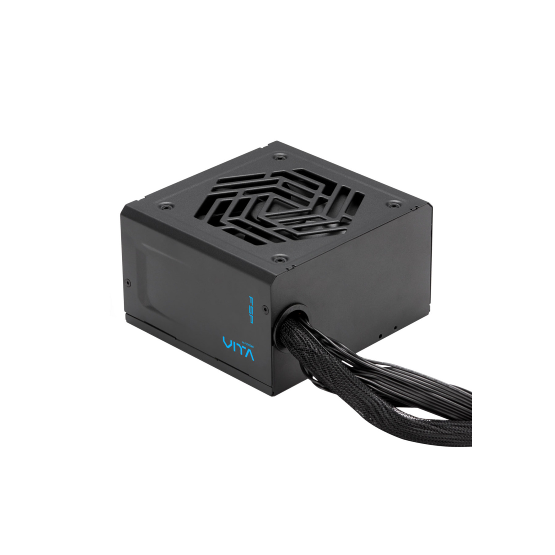 Czarny zasilacz komputerowy z niebieskimi akcentami. Ma wentylator na górze i wychodzące kable.