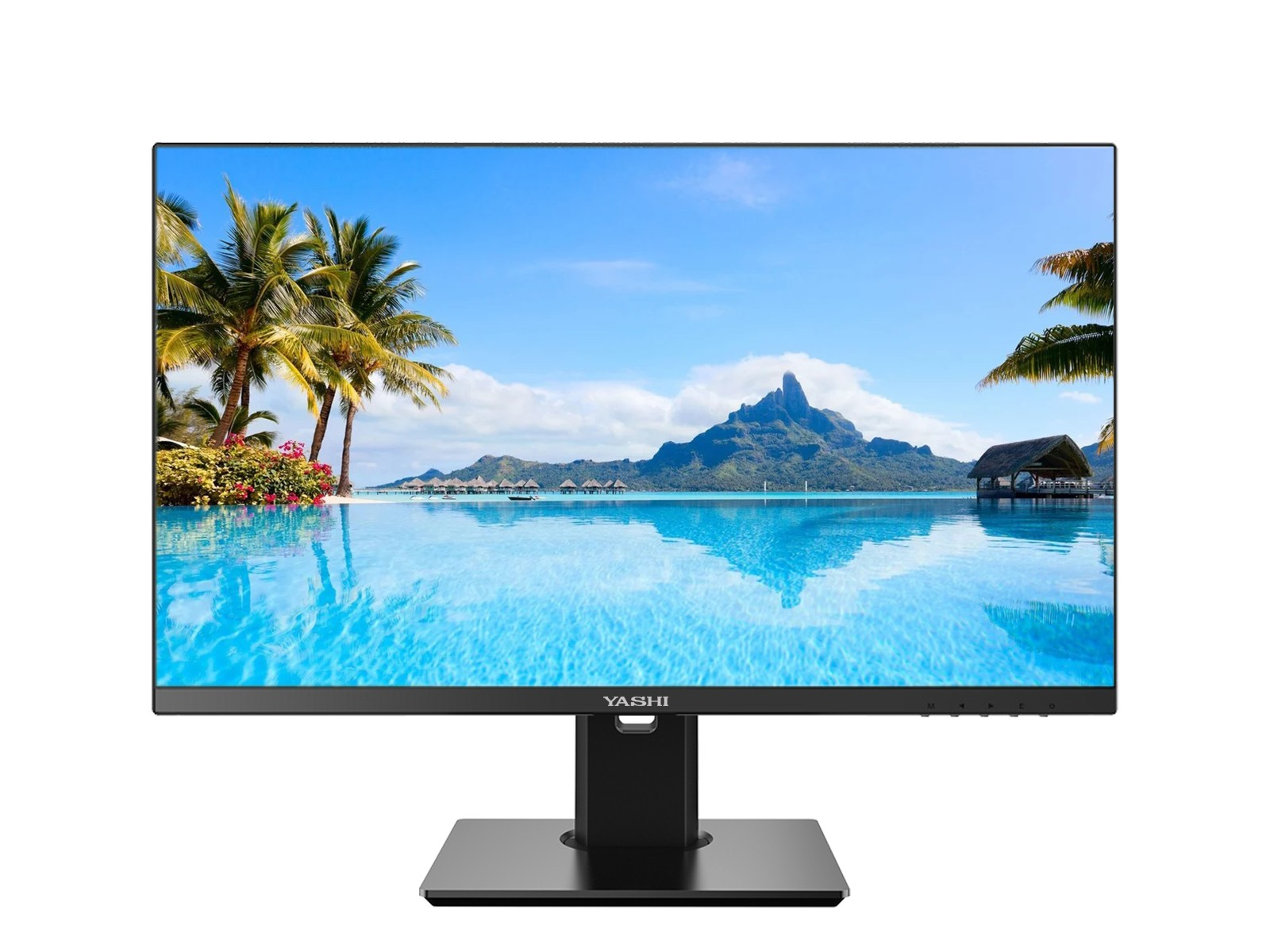 Un monitor di computer mostra una scena tropicale con palme, una montagna e bungalow sull'acqua blu cristallina.
