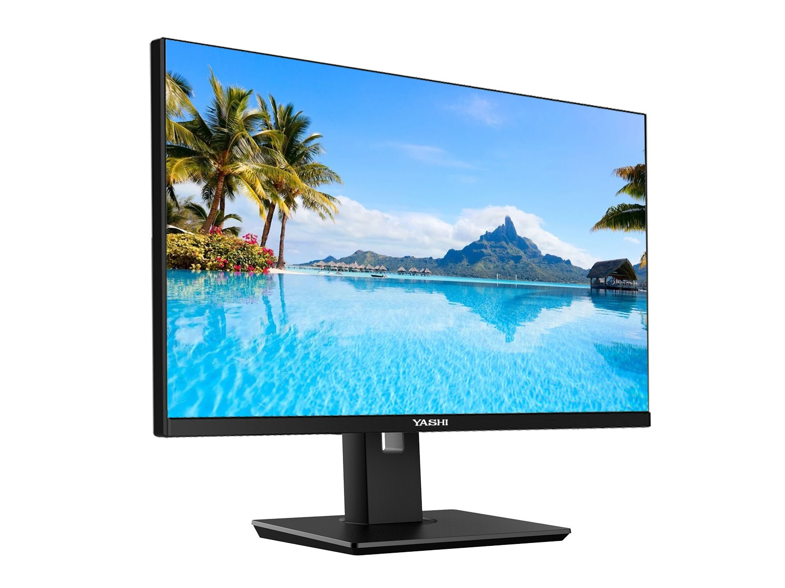 Un monitor di computer mostra una scena di spiaggia tropicale con palme, acqua blu, montagne e cielo sereno.