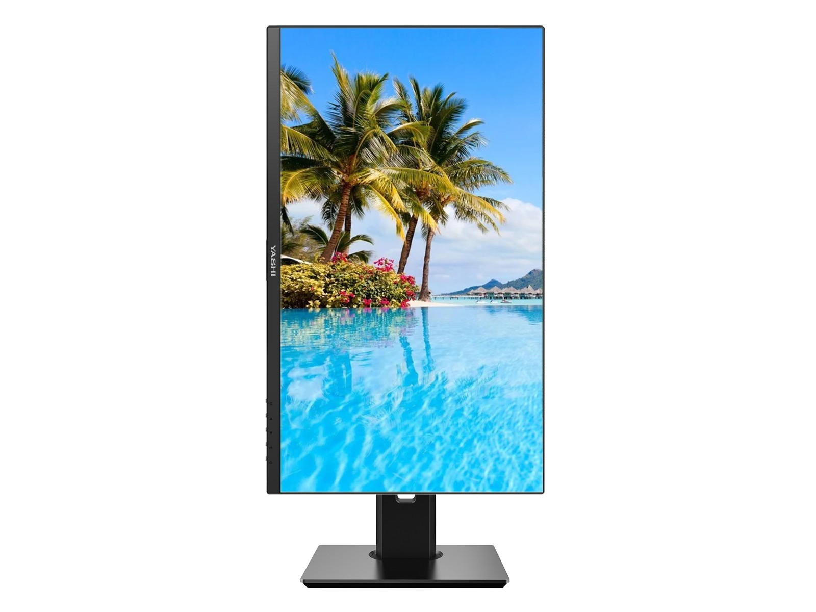 Un monitor YASHI mostra una scena tropicale: palme, acqua blu e cielo. Il monitor è su un supporto nero su sfondo bianco.