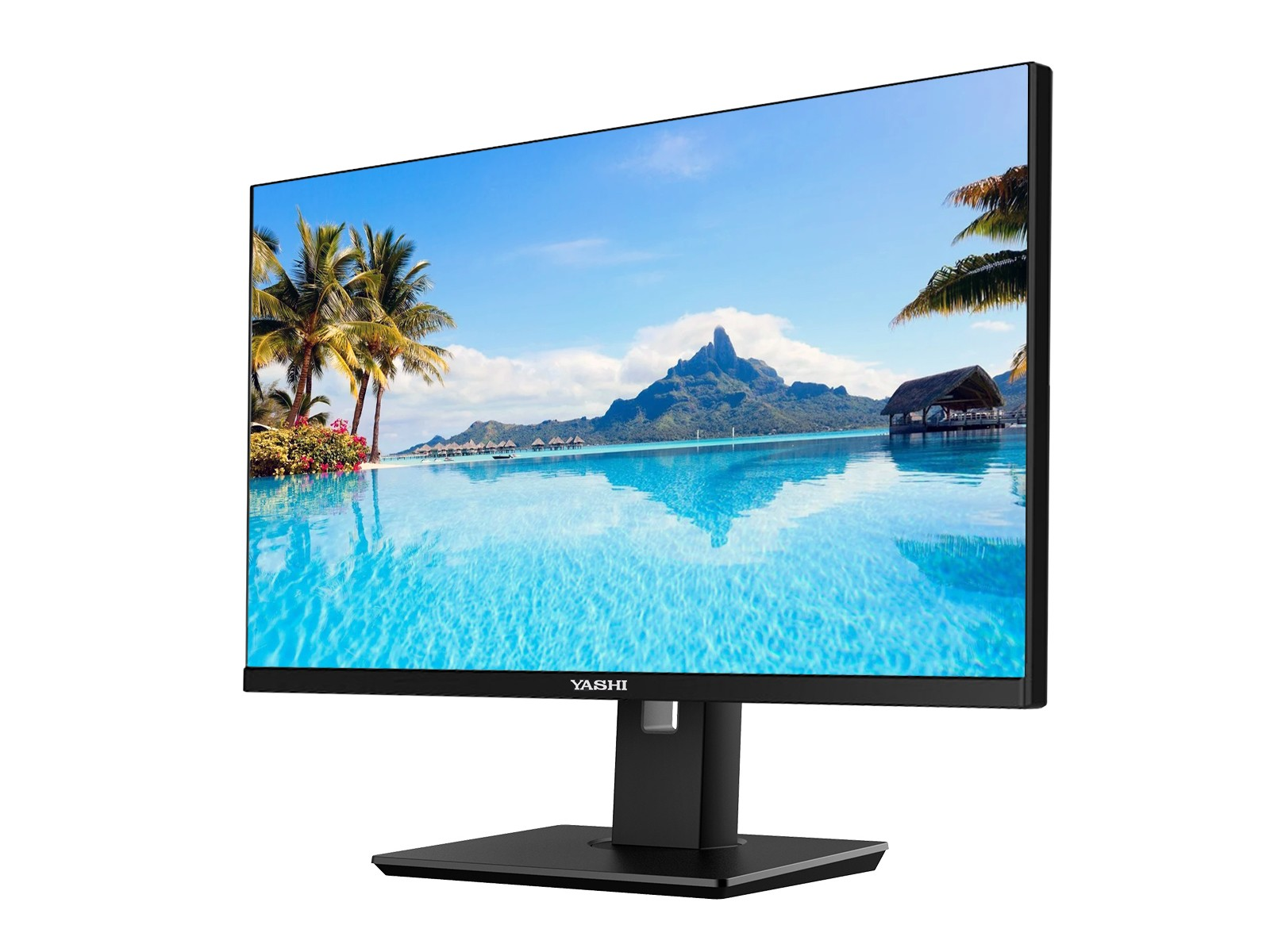 Un monitor di computer mostra una scena di spiaggia tropicale con acqua limpida, montagne, palme e una piccola capanna.