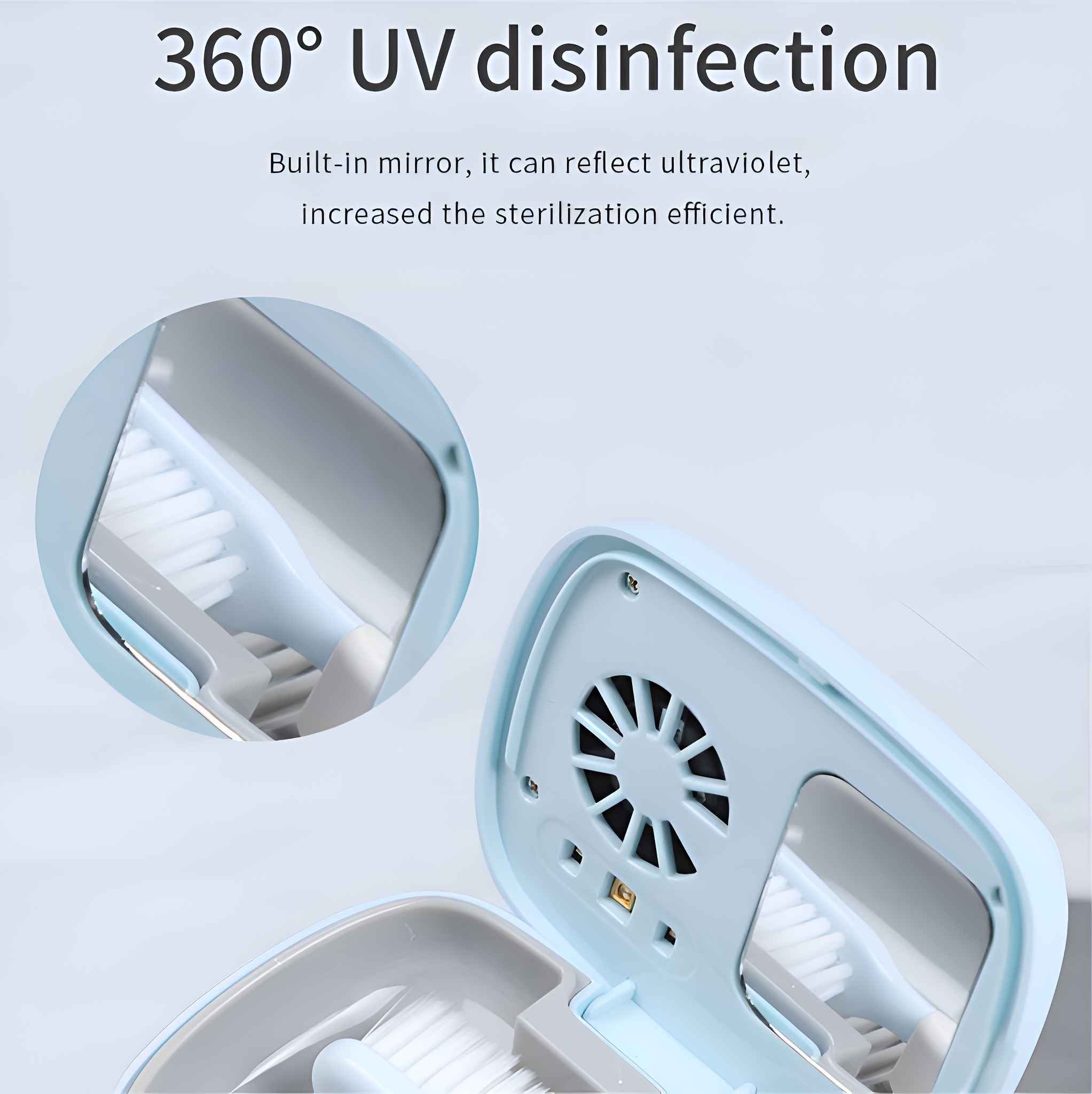Eine blaue UV-Desinfektionsbox mit offenem Deckel. Im Inneren befindet sich eine Zahnbürste. Text: 360° UV-Desinfektion.