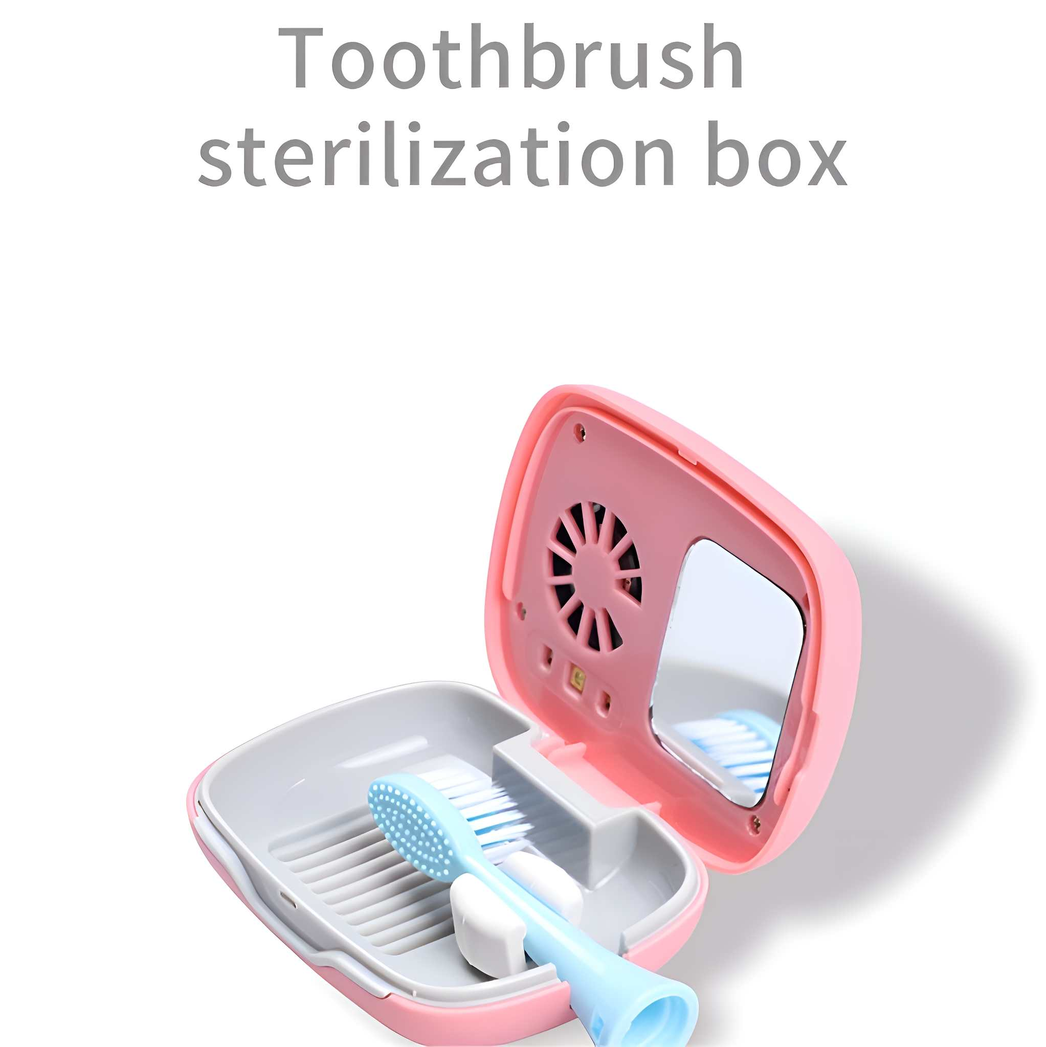 Eine pinke Zahnbürsten-Sterilisationsbox ist geöffnet und zeigt eine Zahnbürste. Die Box hat einen Spiegel und einen Ventilator.