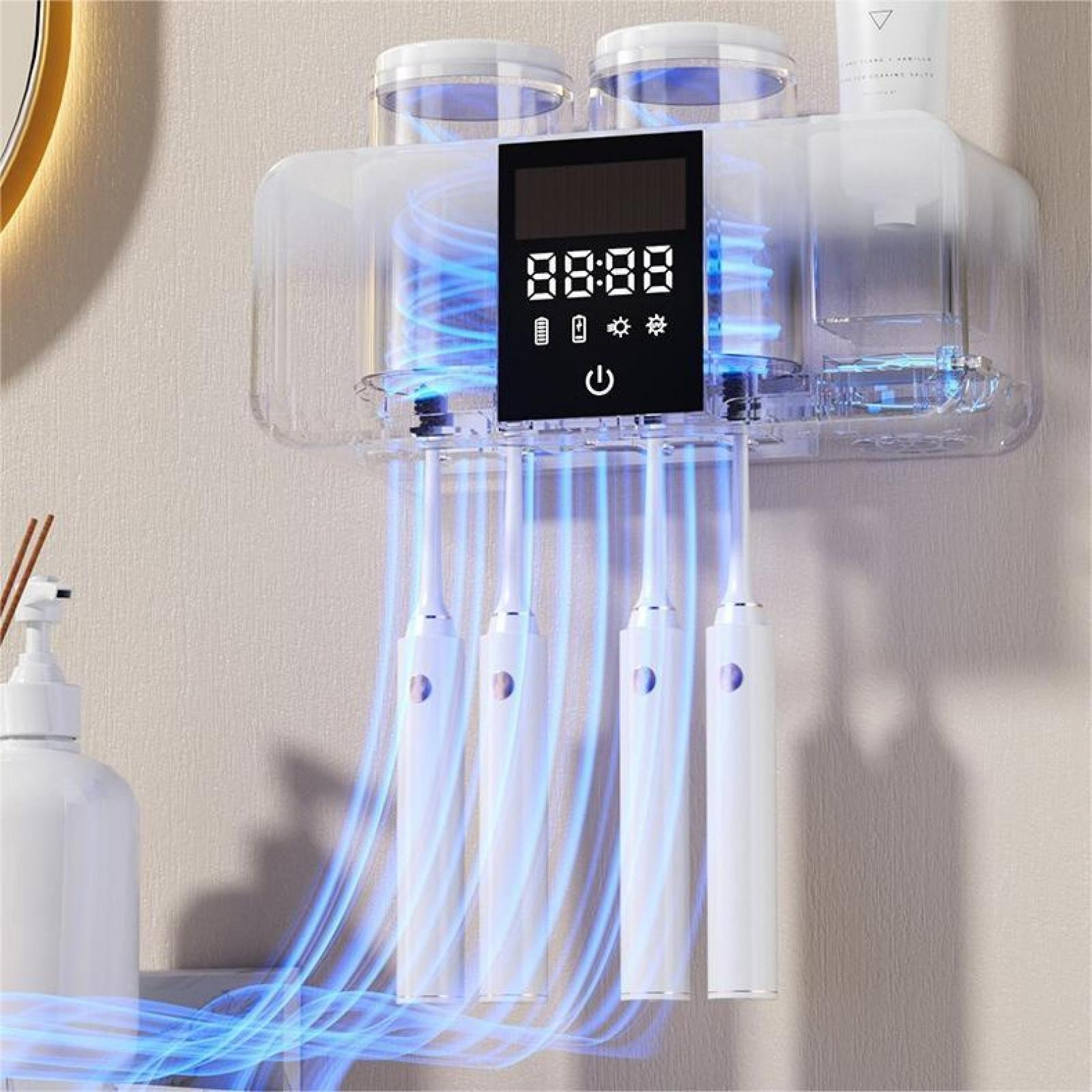 Eine Wand-Zahnbürstenhalterung mit Digitalanzeige. Vier elektrische Zahnbürsten hängen darunter, mit blauem Lichteffekt.