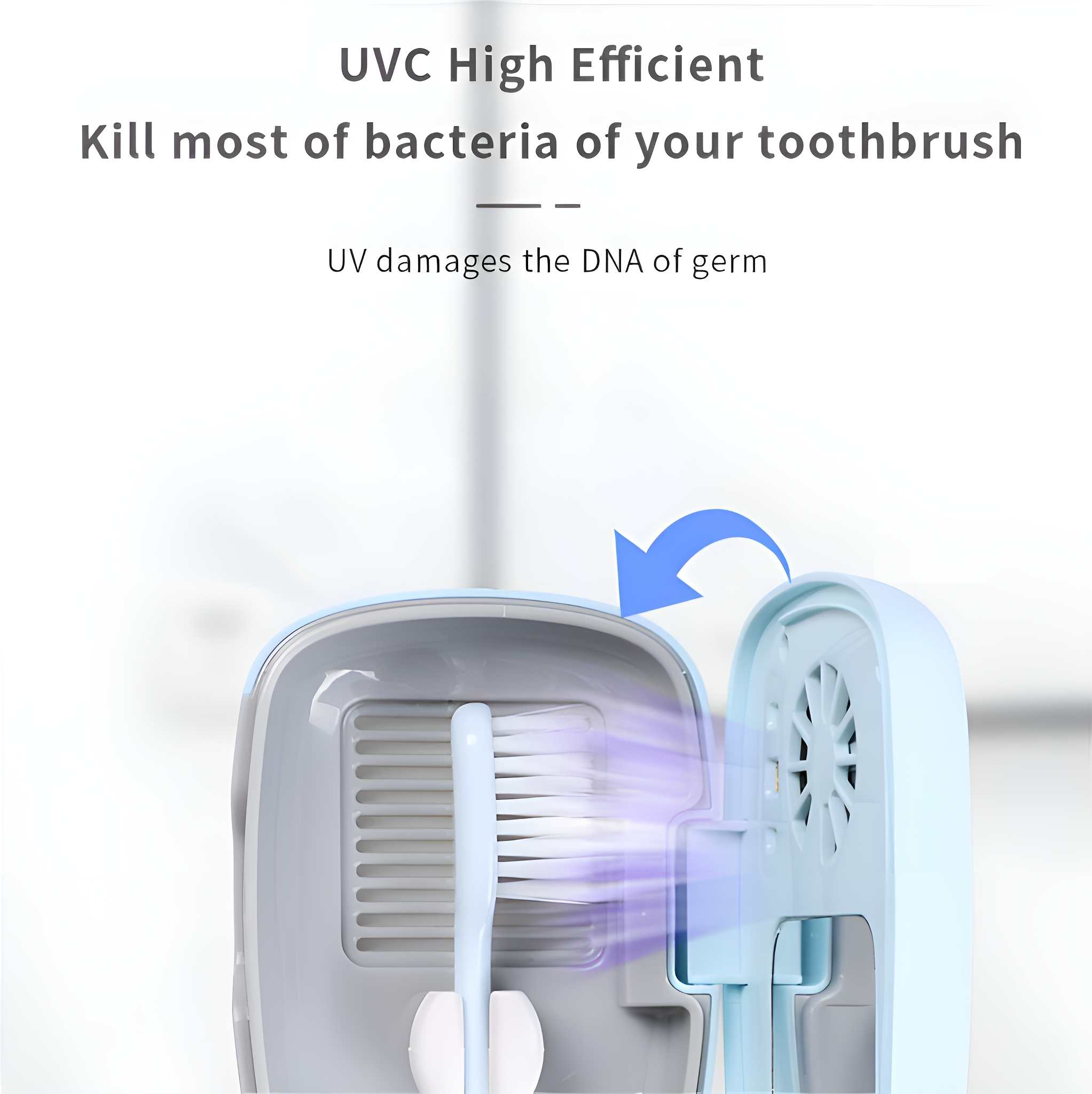 Zahnbürste in einem UVC-Sterilisator mit blauem Pfeil. Text: Tötet die meisten Bakterien. UVC-hocheffizient.