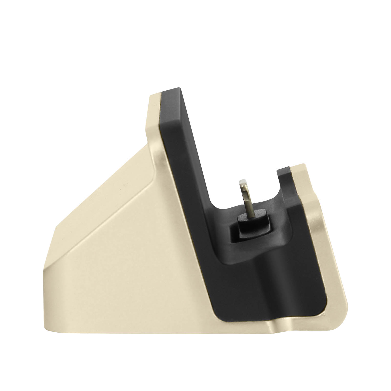 Eine beige-schwarze Telefonladestation auf weißem Hintergrund mit einem Stiftanschluss.