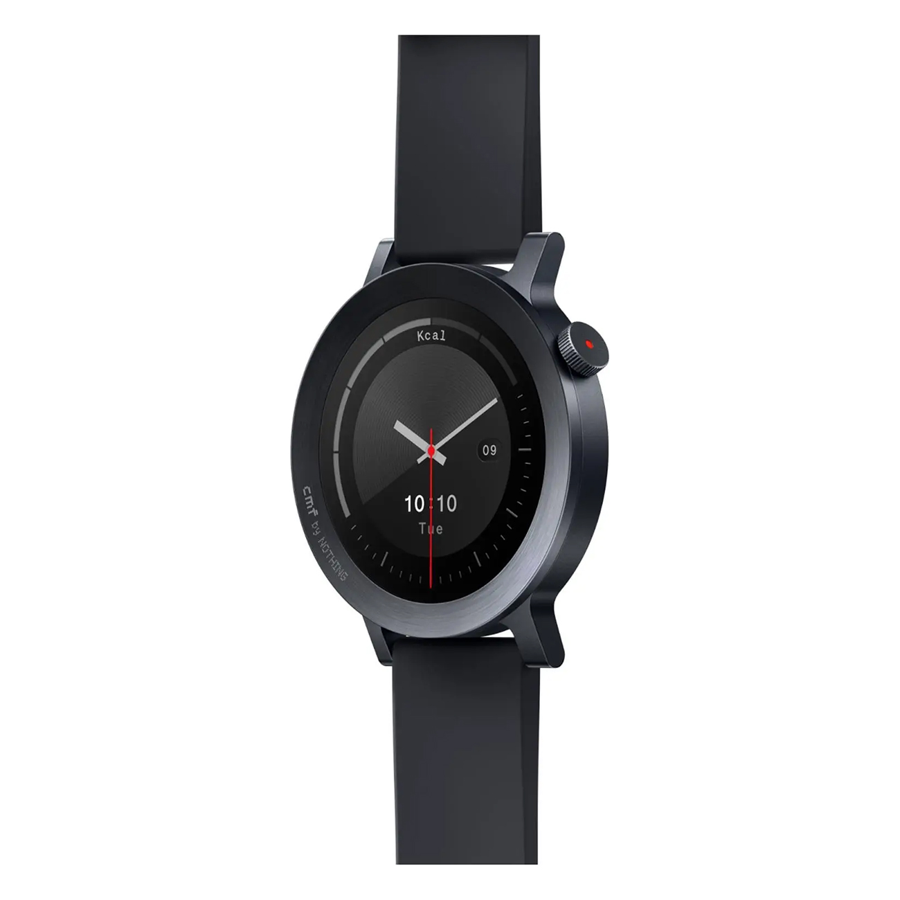 Czarny smartwatch wyświetla godzinę 10:10. Ma czarny pasek i czerwony przycisk. Tło jest białe.